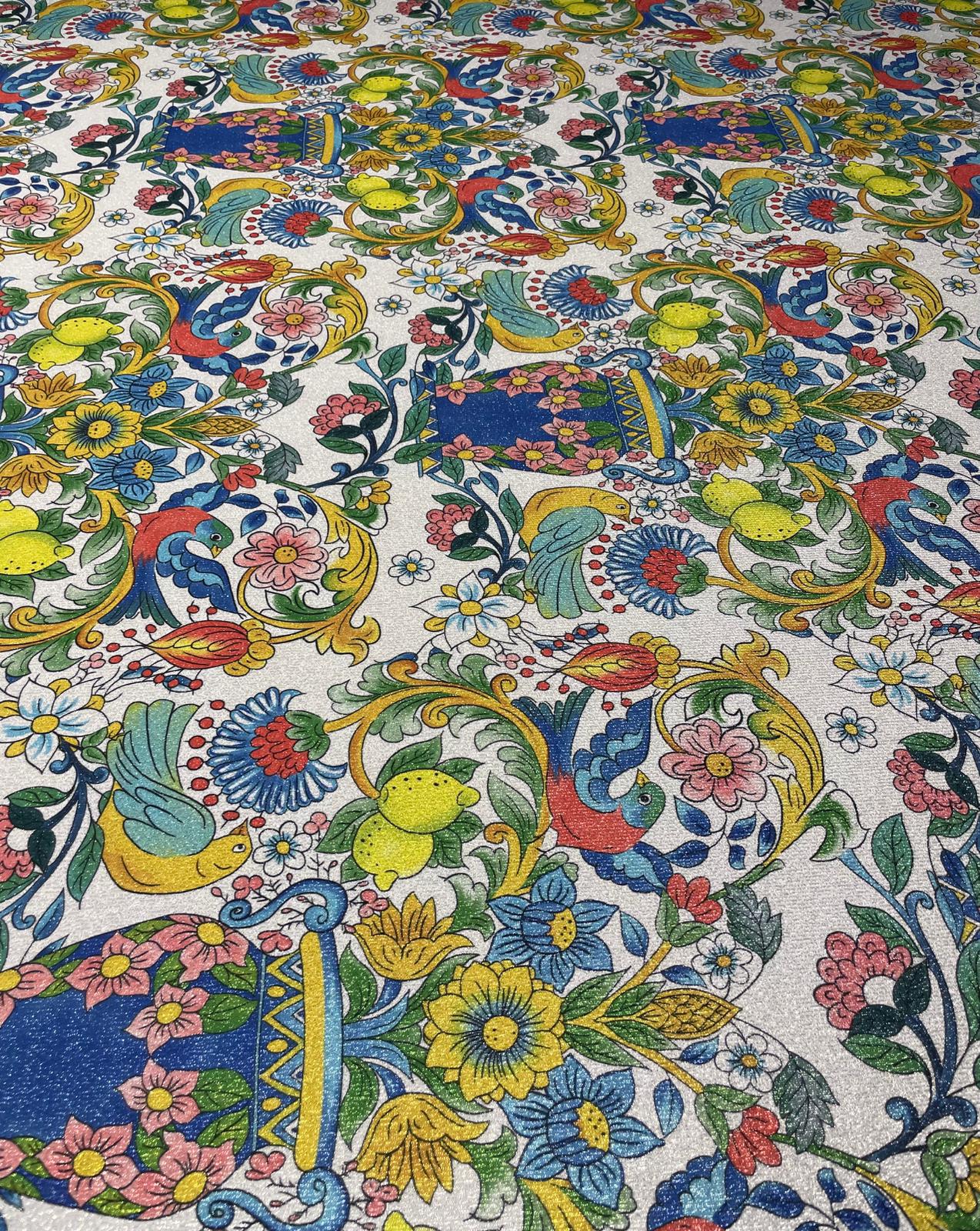 Mediterranean Print Lurex Fabric by the Metre - Whotex Fabrics London