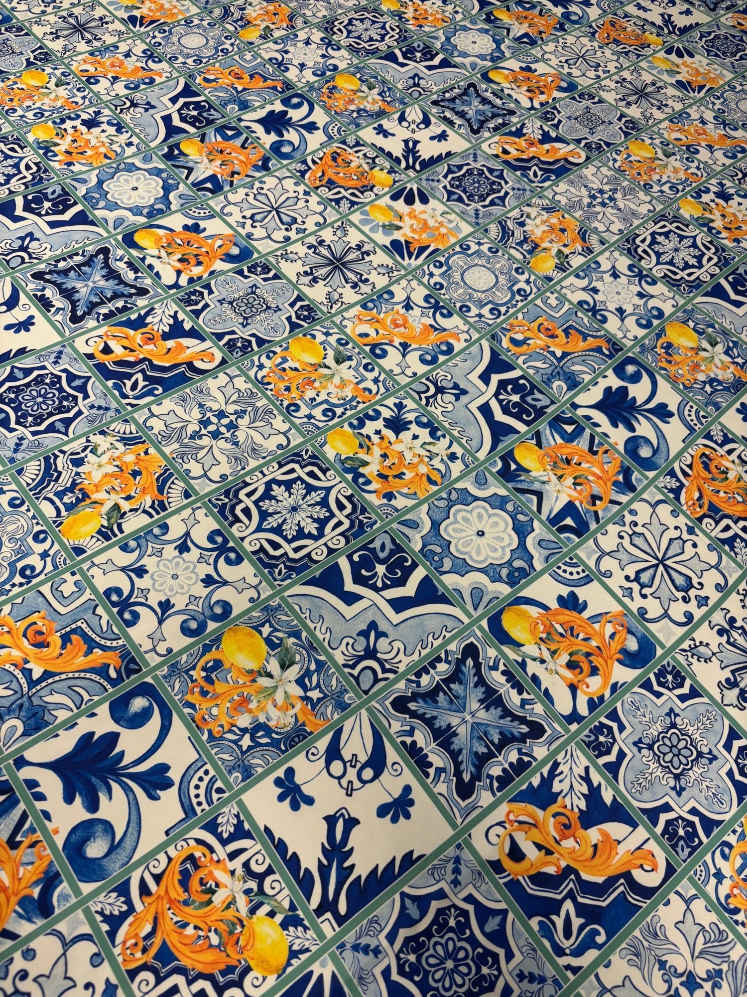 Mediterranean Tile & Lemon Print Chiffon Satin Fabric by the Metre - Whotex Online Fabric Store