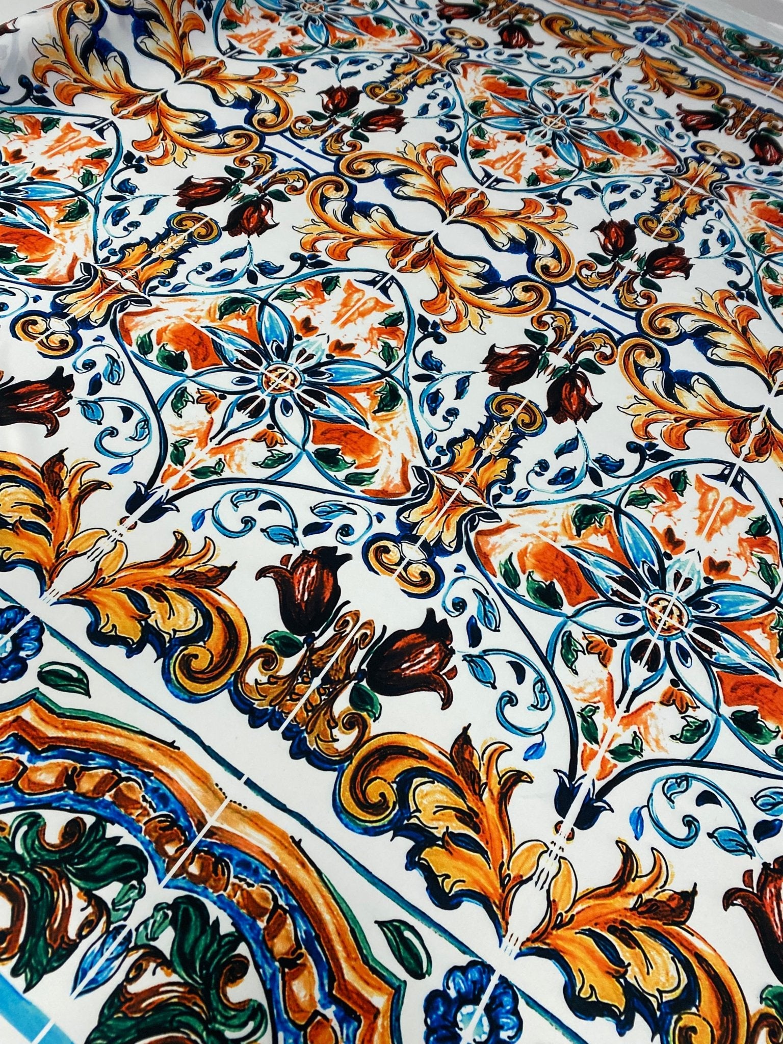 Mediterranean Tile Print Crepe Fabric by the Metre – Multicolour, detailed design for dressmaking and elegant fashion projects.