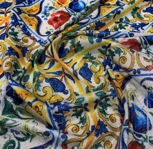 Mediterranean Tile Print Lurex Fabric with Shine by the Metre - Whotex Fabrics London