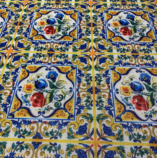 Mediterranean Tile Print Lurex Fabric with Shine by the Metre - Whotex Fabrics London
