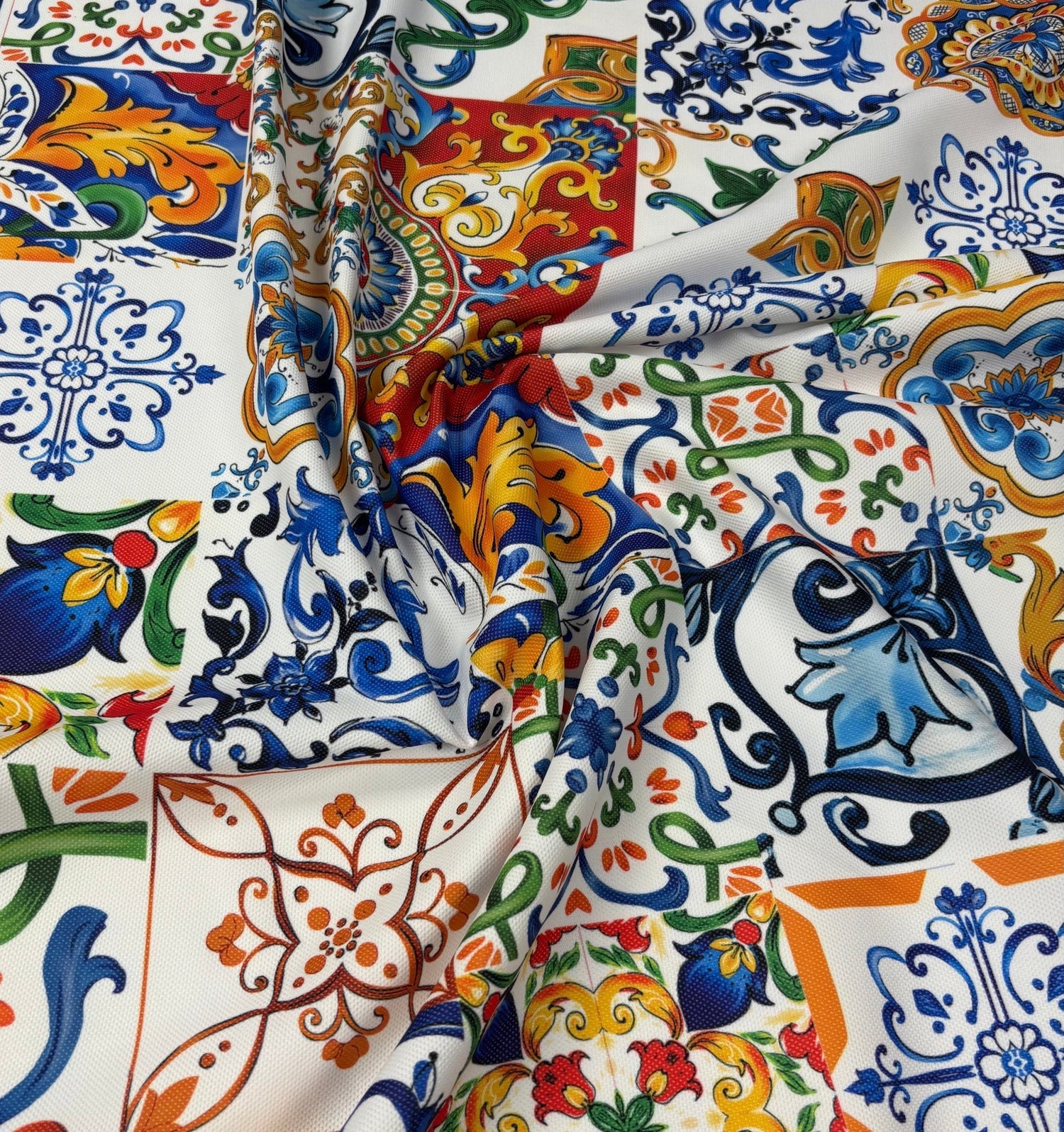 Mediterranean Tile Print Upholstery Fabric by the Metre - Whotex Fabrics London