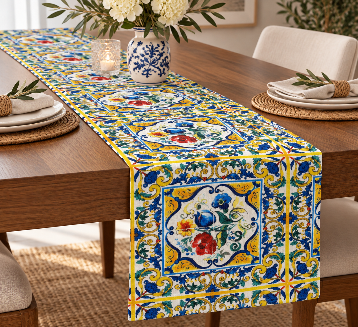Mediterranean Tile Printed Table Runner - Whotex Fabrics London