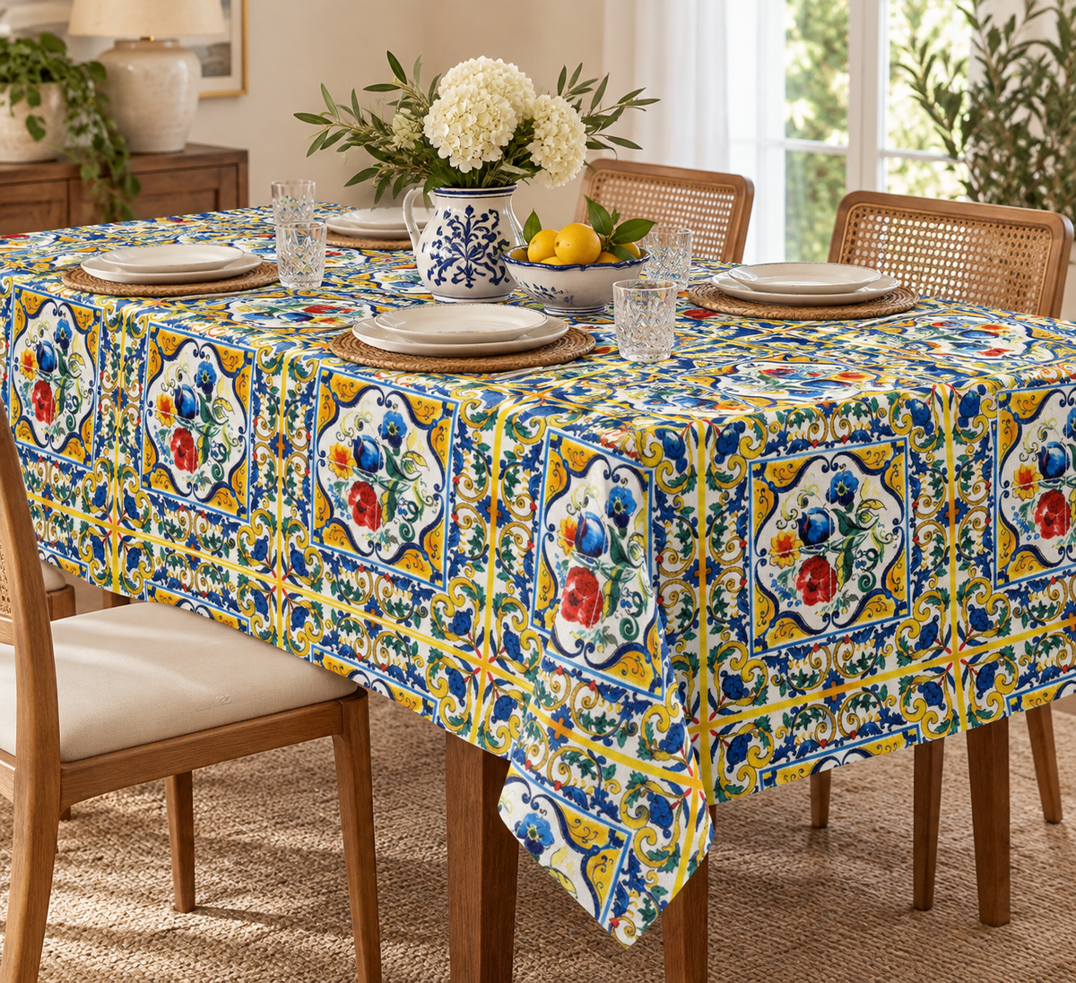 Mediterranean Tile Printed Tablecloth - Whotex Fabrics London
