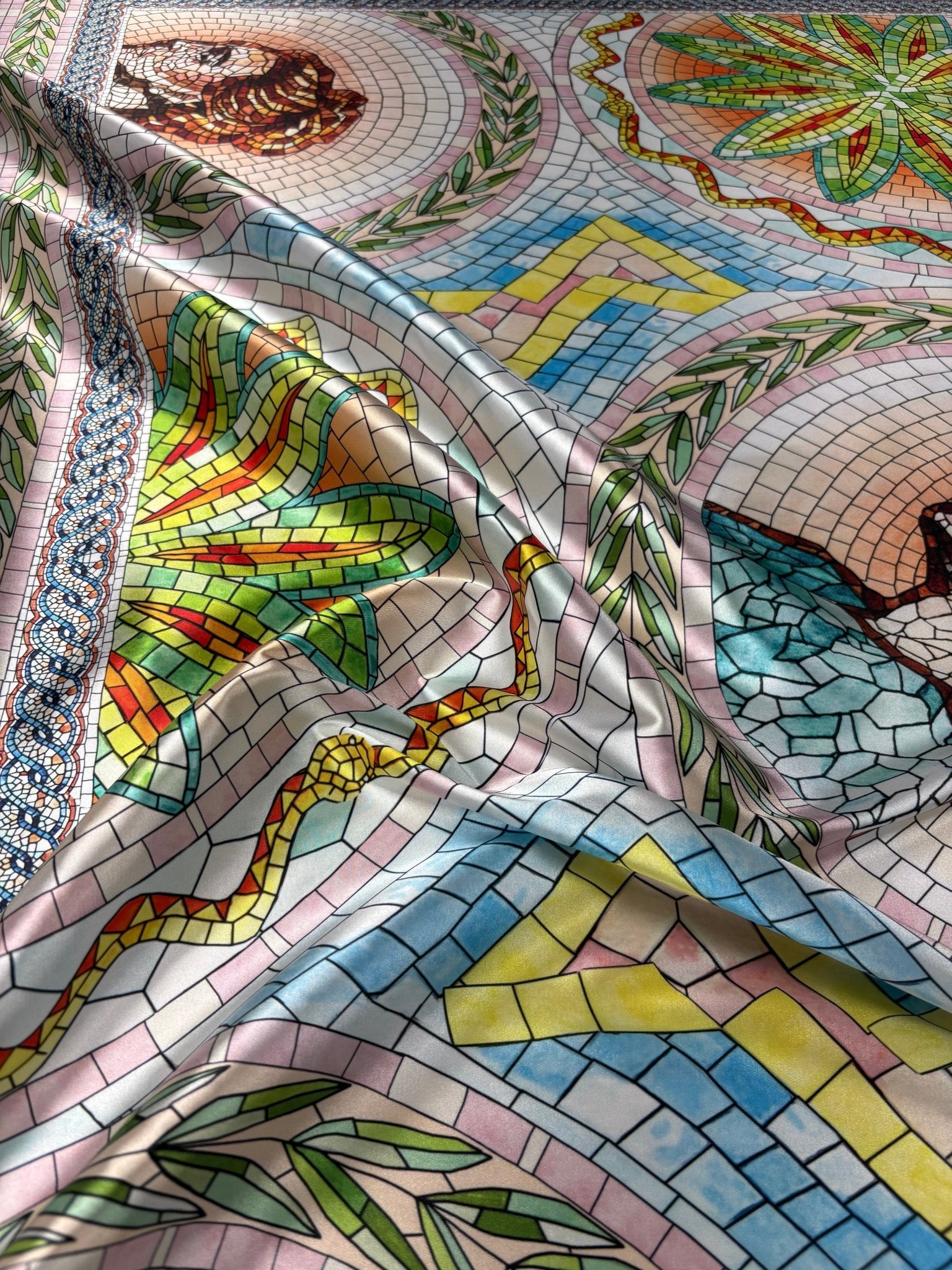 Mosaic Print Lycra Satin Fabric by the Metre - Whotex Fabrics London