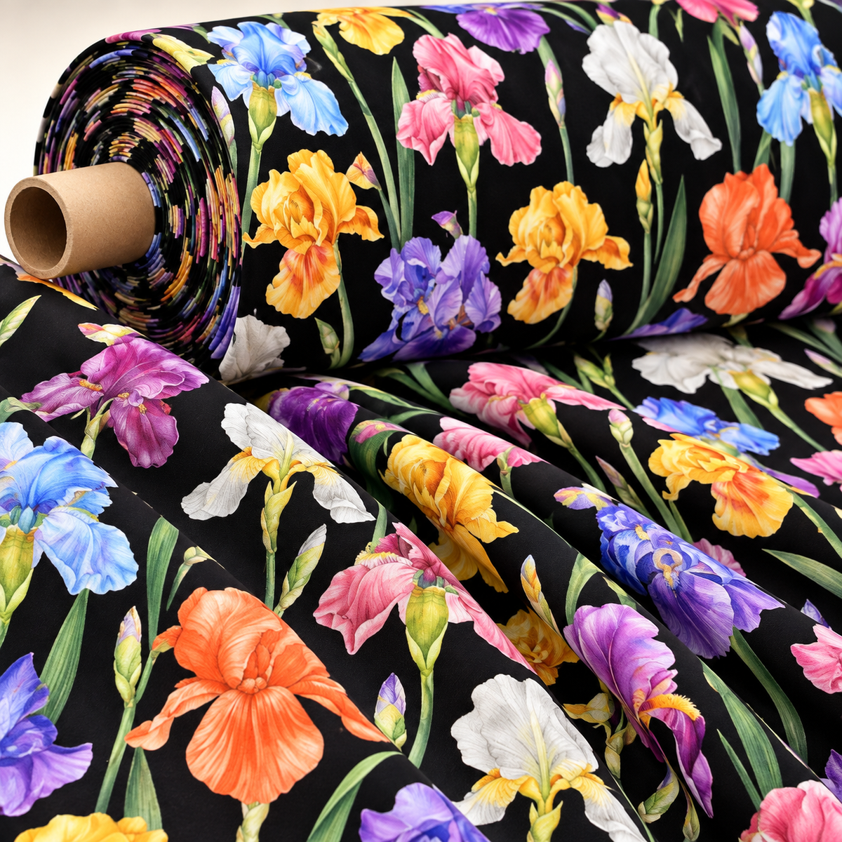 Multicolor Floral Pattern Fabric Big Flowers on Black Background - Whotex Fabrics London