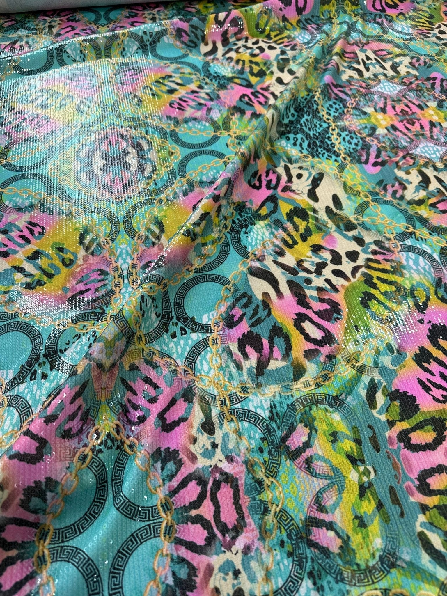 Multicolor Leopard Pattern Sequin Fabric, 2 - Way Stretch Sequin Fabric By The Yard - Whotex Online Fabric Store
