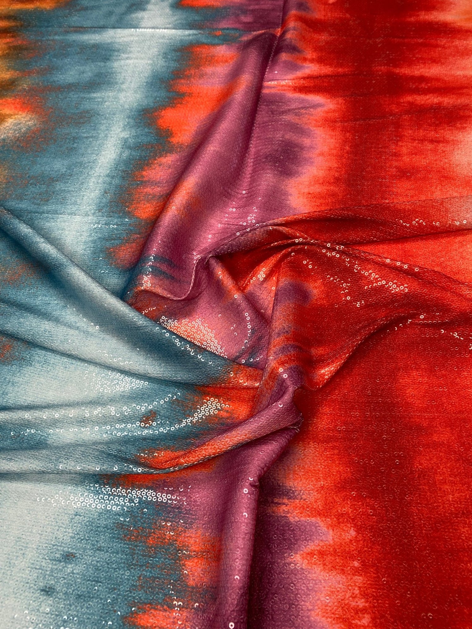 Multicolour Tie Dye Print Sequin Fabric by the Metre - Whotex Fabrics London