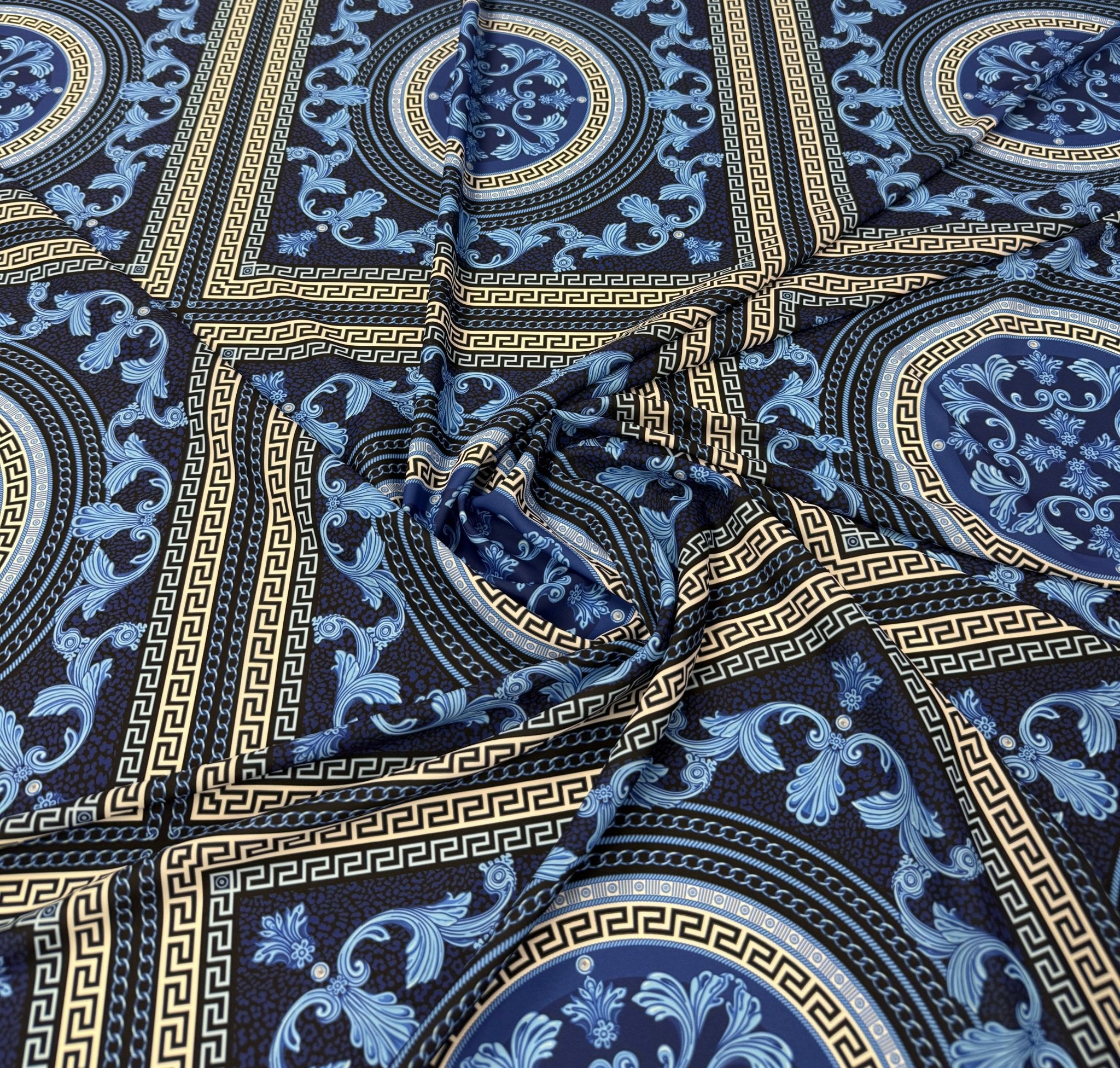 Navy Blue Baroque Greek Key Fabric – Available in Satin, Crepe, Lycra ...