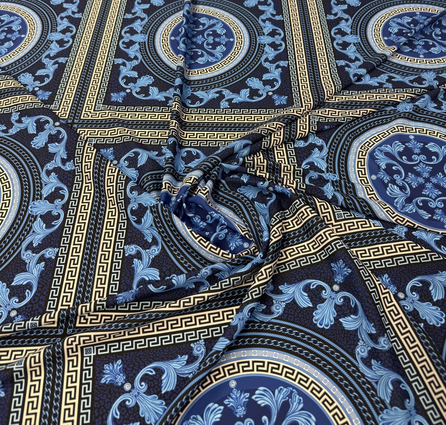 Navy Blue Baroque Greek Key Fabric By Metre - Whotex Fabrics London