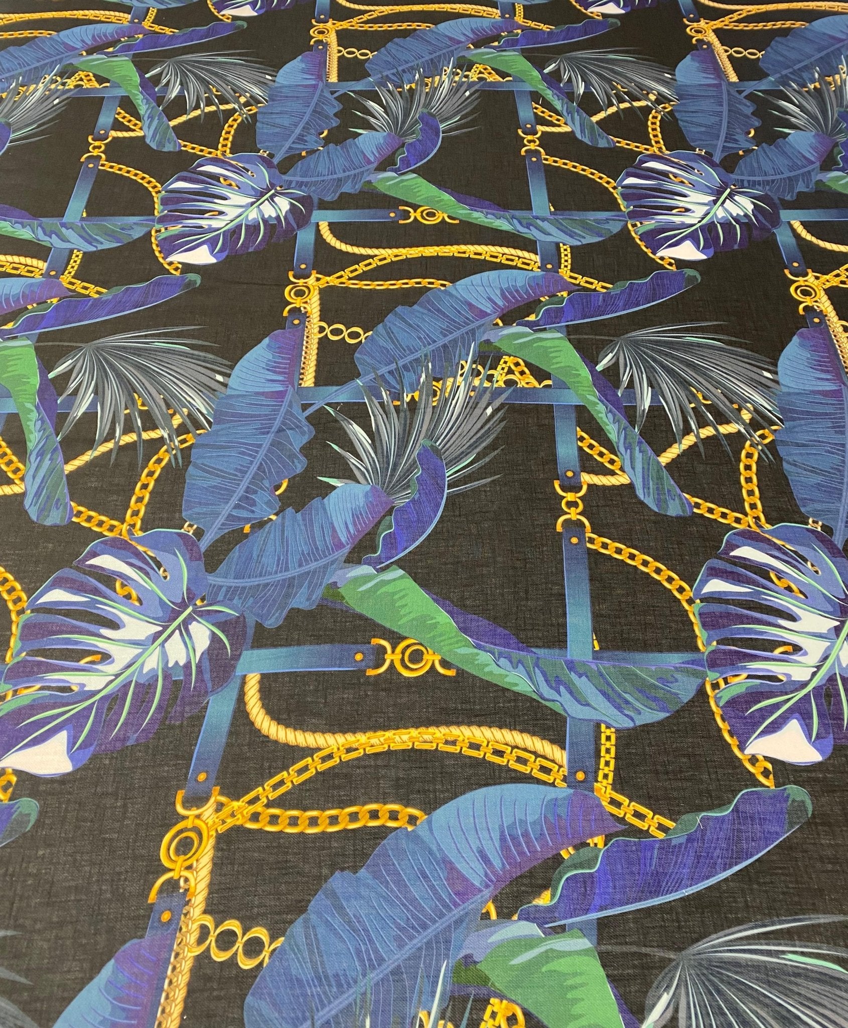 Navy Blue Leaf Chain Pattern Fabric by Metre - Whotex Fabrics London