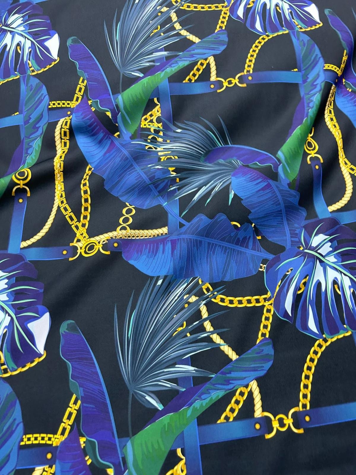 Navy Blue Leaf Fabric, Chain Pattern Fabric By The Yard - Whotex Online Fabric Store