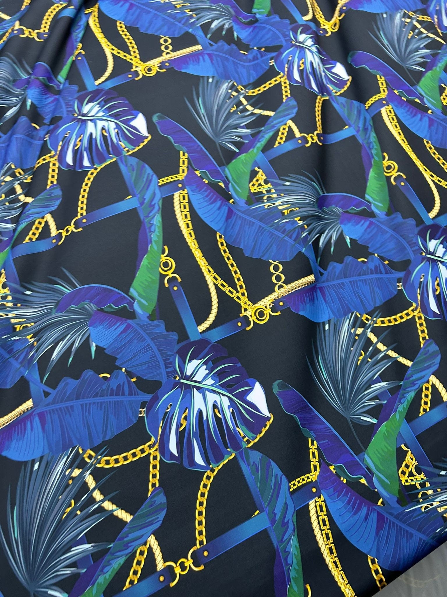 Navy Blue Leaf Fabric, Chain Pattern Fabric By The Yard - Whotex Online Fabric Store