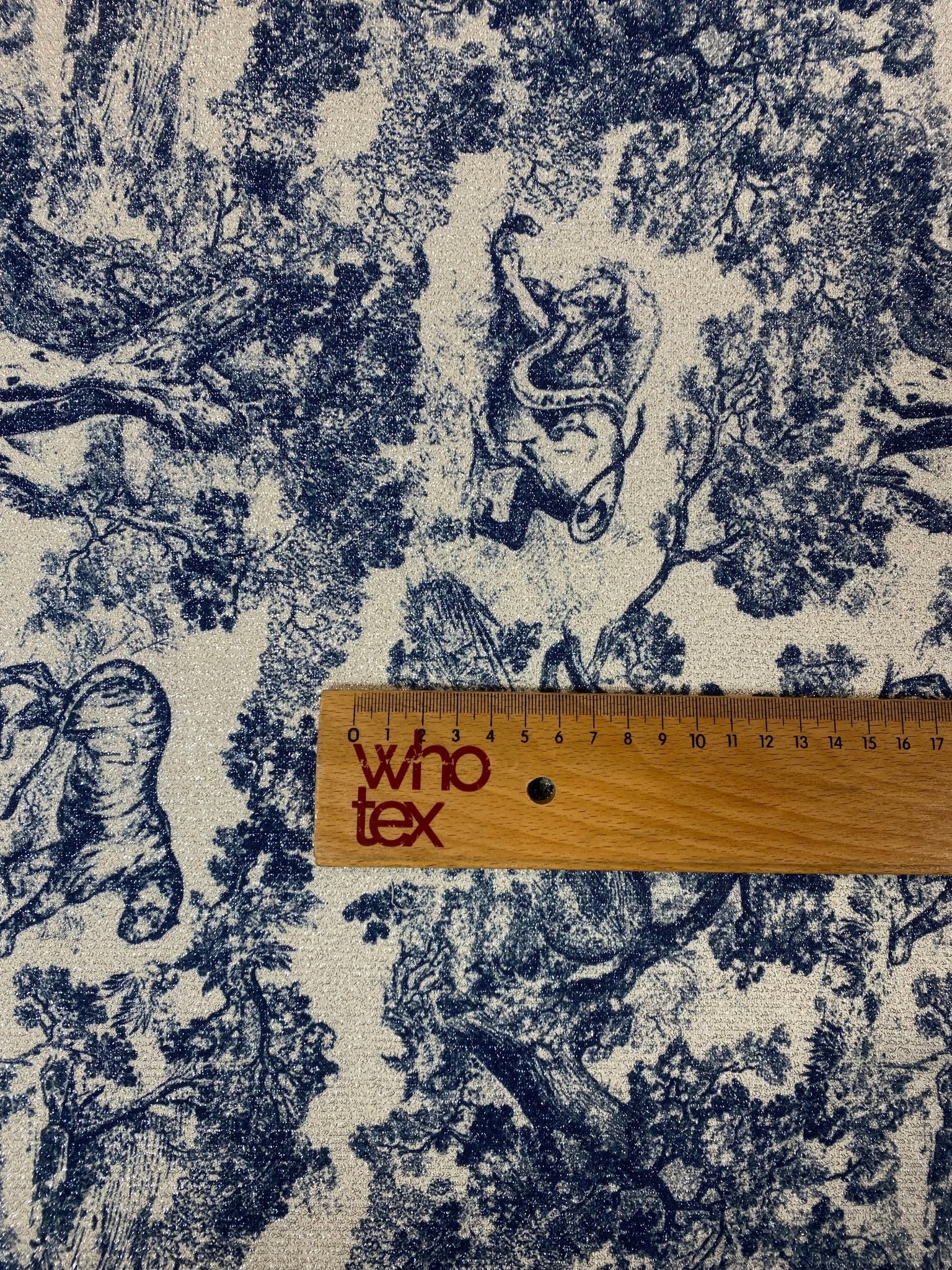 Navy Toile de Jouy Lurex Fabric by the Metre - Whotex Fabrics London