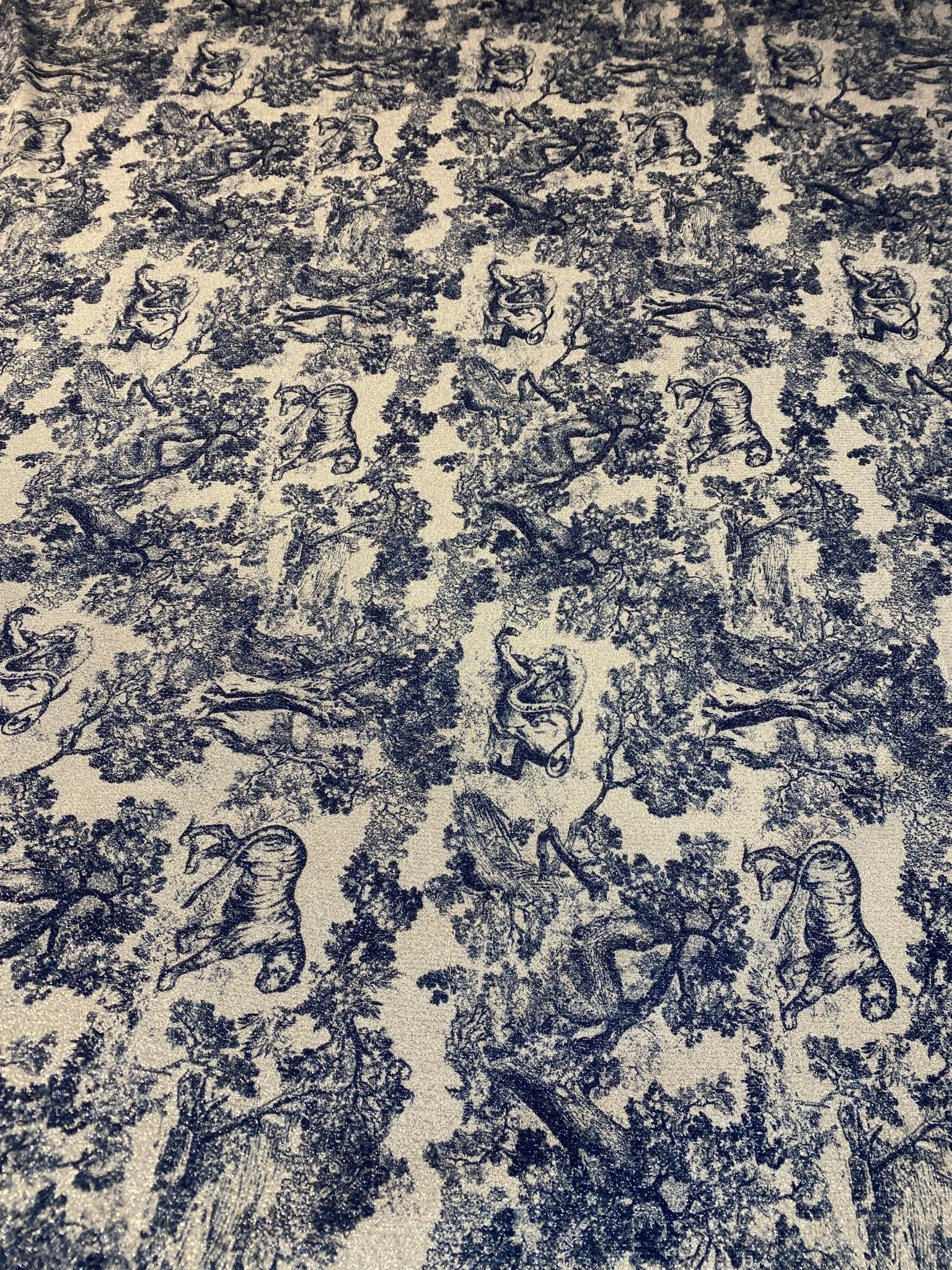 Navy Toile de Jouy Lurex Fabric by the Metre - Whotex Fabrics London