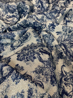Navy Toile de Jouy Lurex Fabric by the Metre - Whotex Fabrics London