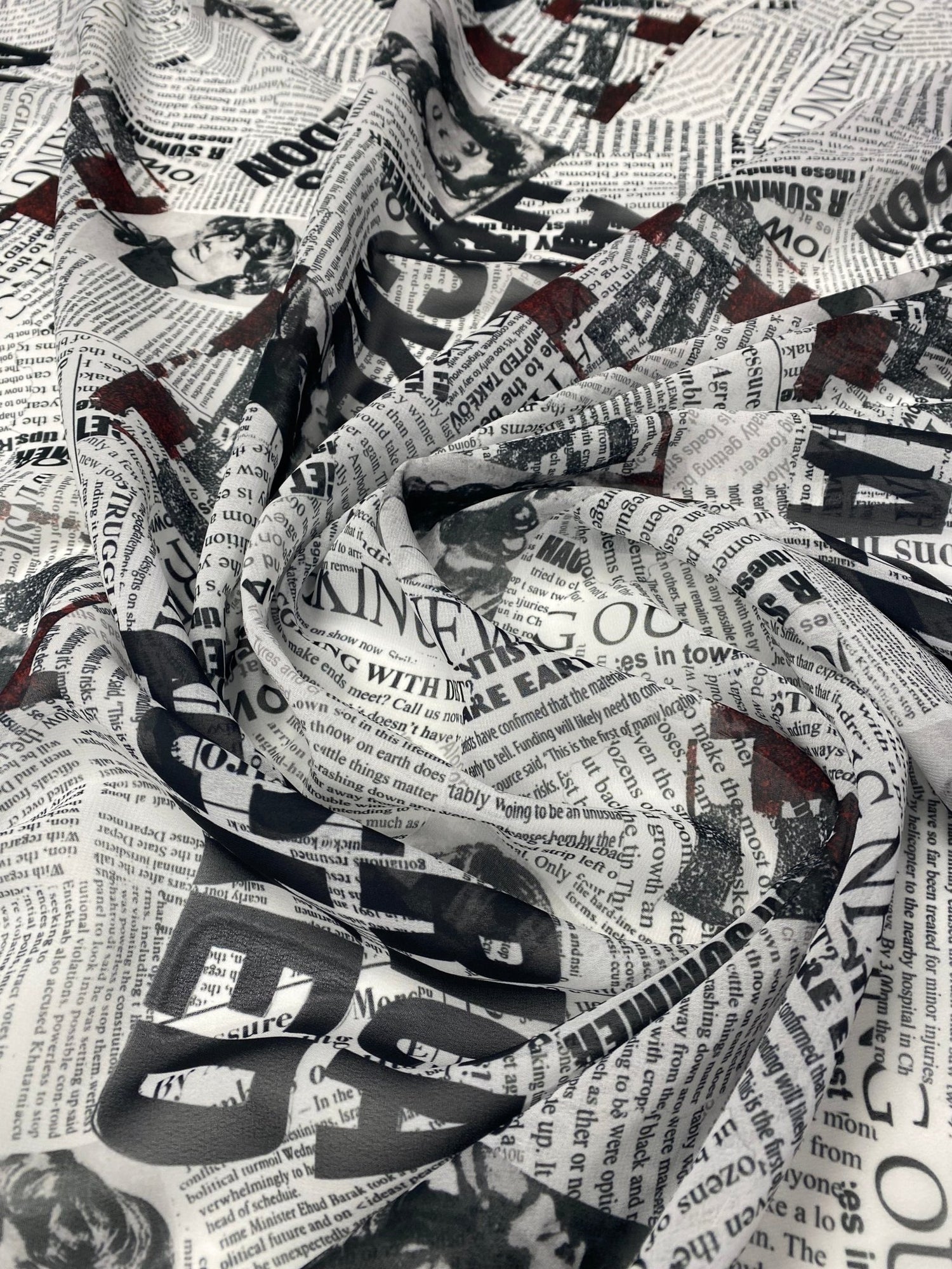 Newspaper Print Chiffon Fabric by the Metre - Whotex Fabrics London