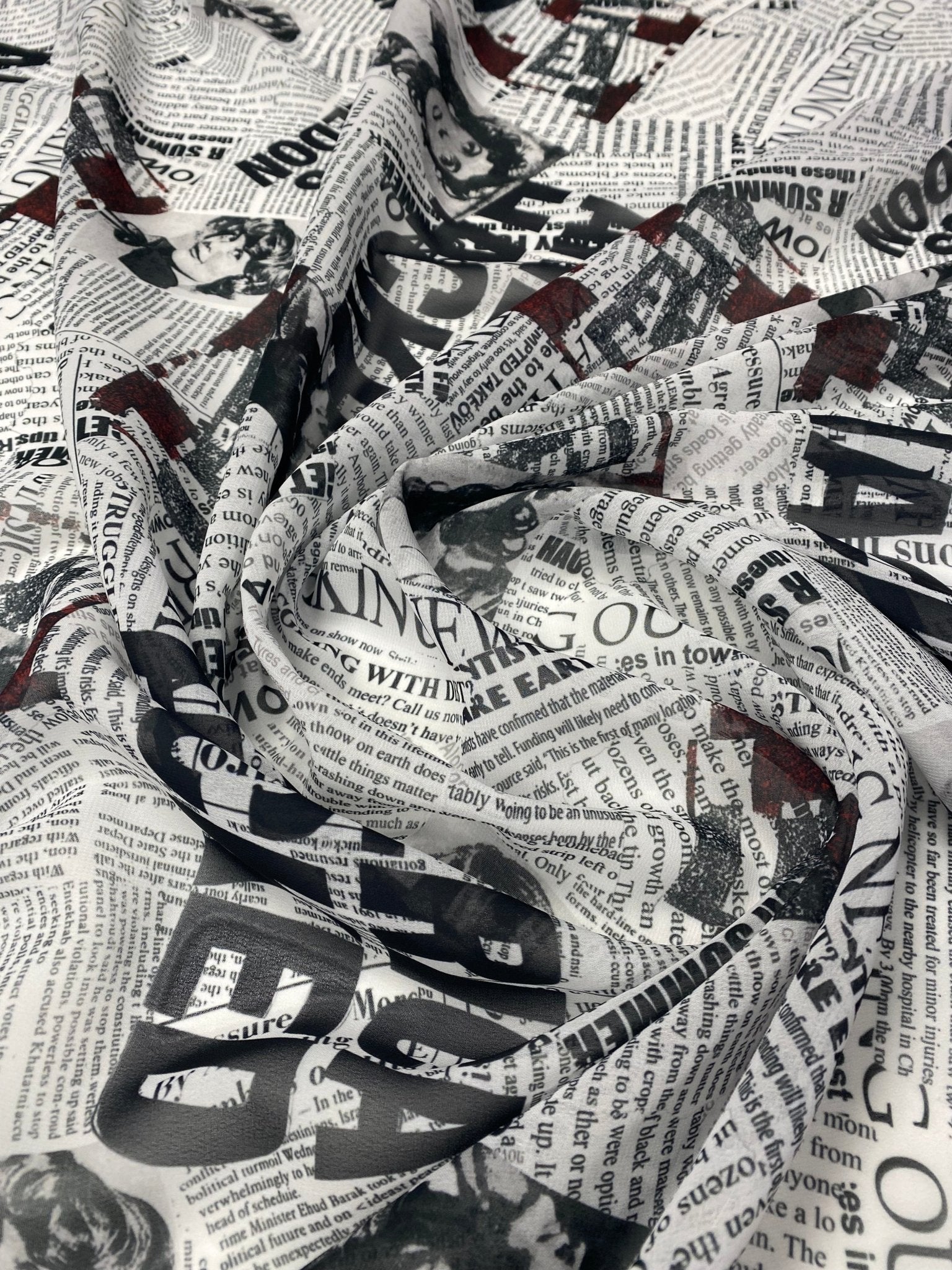 Newspaper Print Chiffon Fabric by the Metre - Whotex Fabrics London
