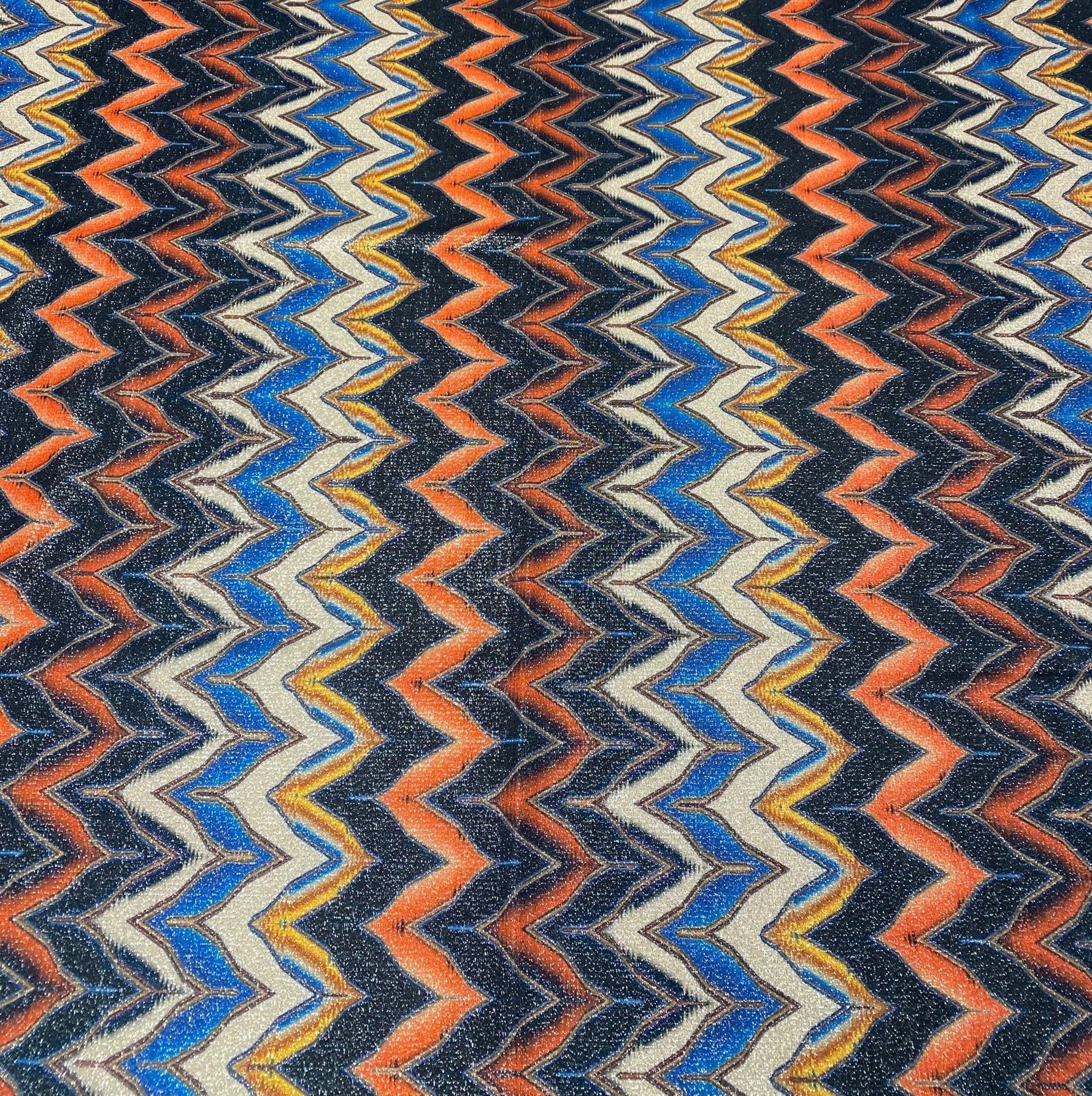 Orange Blue Zigzag Lurex Fabric with Shimmer by the Metre - Whotex Fabrics London