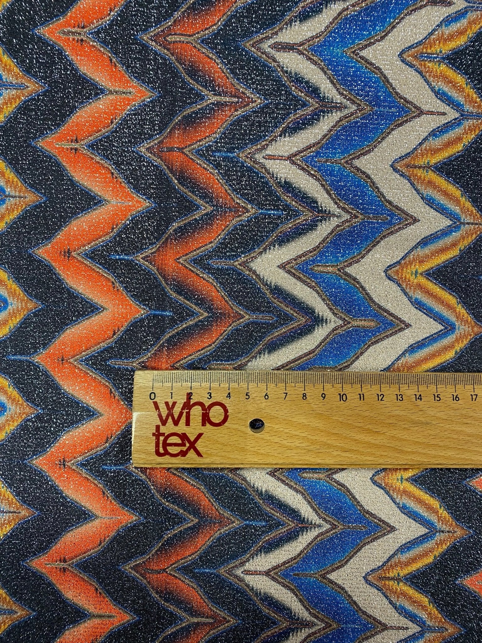 Orange Blue Zigzag Lurex Fabric with Shimmer by the Metre - Whotex Fabrics London