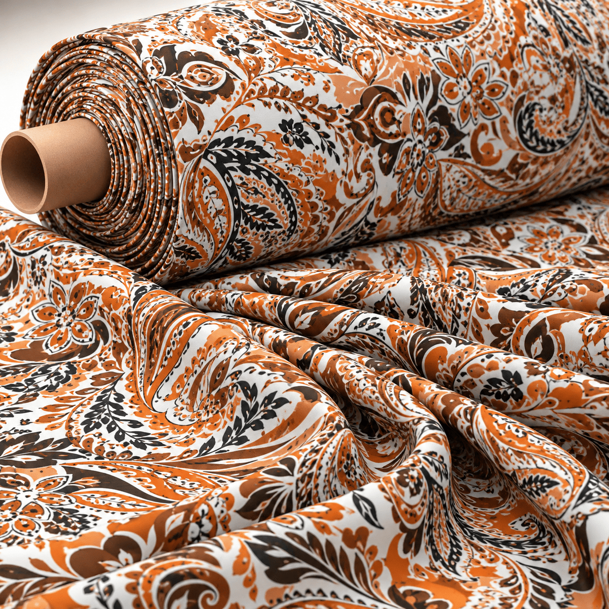 Orange & Brown Paisley Print Fabric by the Metre - Whotex Fabrics London