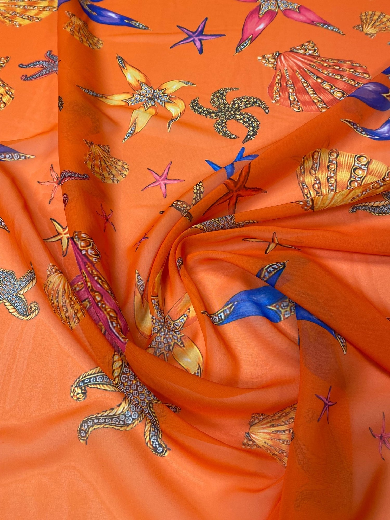 Orange Marine Print Chiffon Fabric Sold by the Metre - Whotex Fabrics London