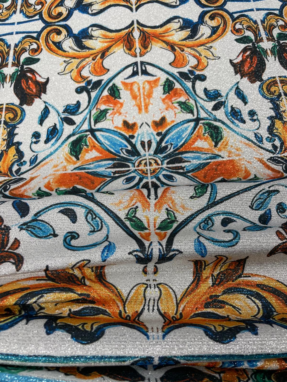 Ornate Tile Print Lurex Fabric by the Metre - Whotex Fabrics London
