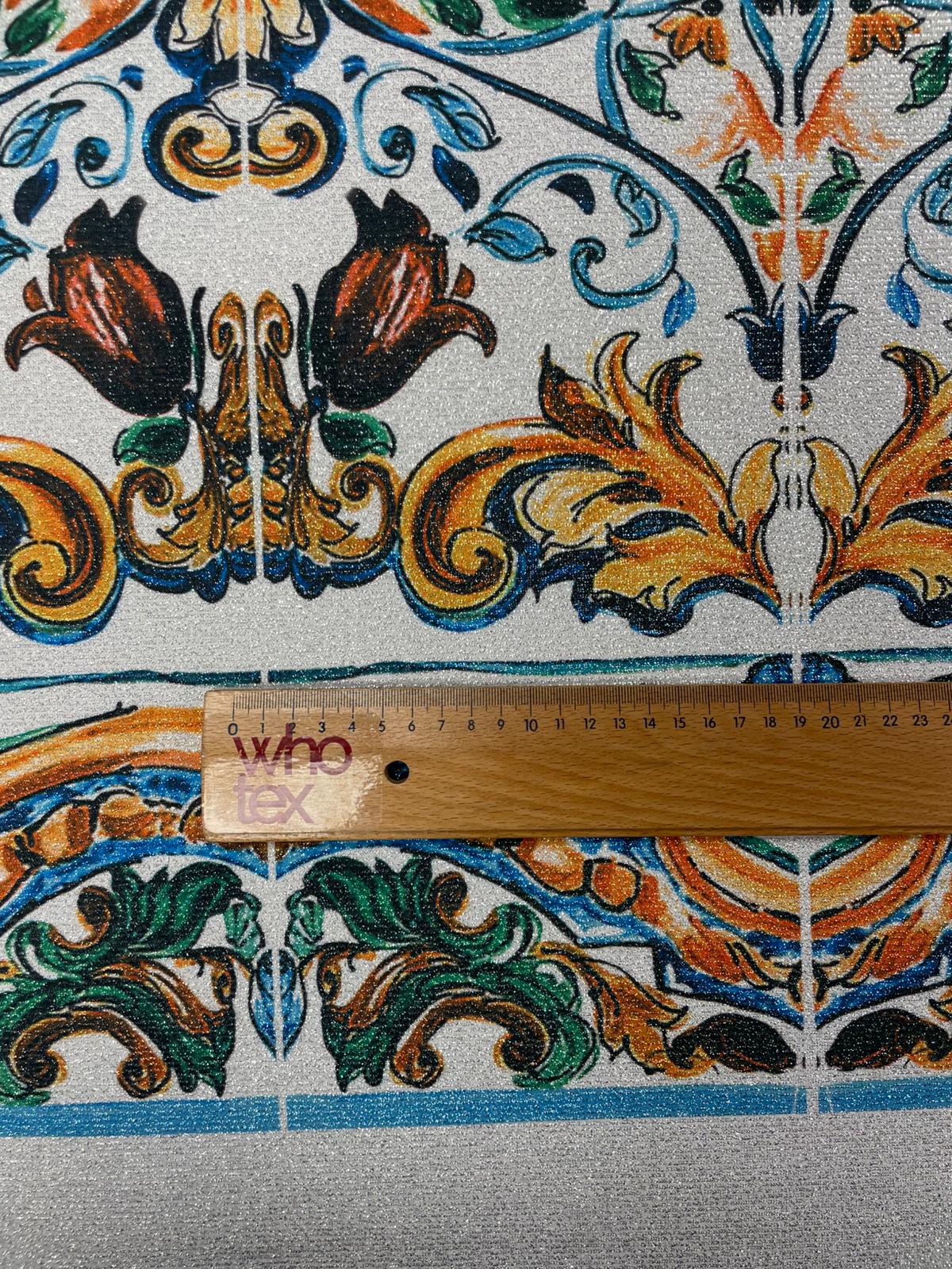 Ornate Tile Print Lurex Fabric by the Metre - Whotex Fabrics London