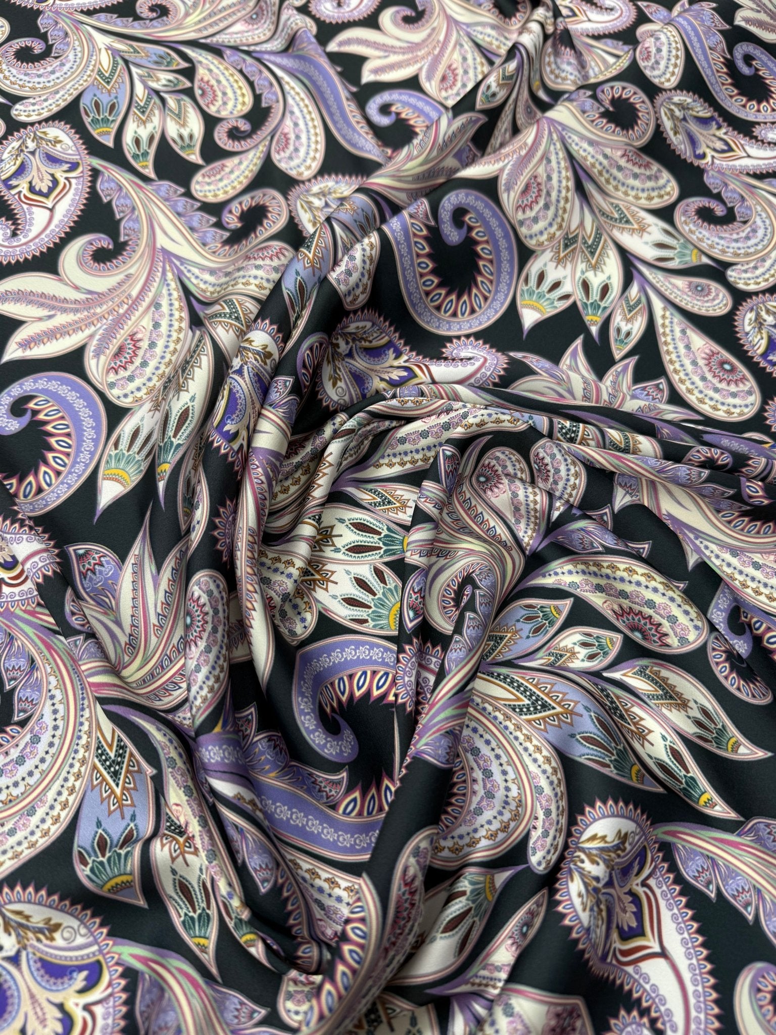 Paisley Print Satin Fabric by the Metre - Whotex Fabrics London