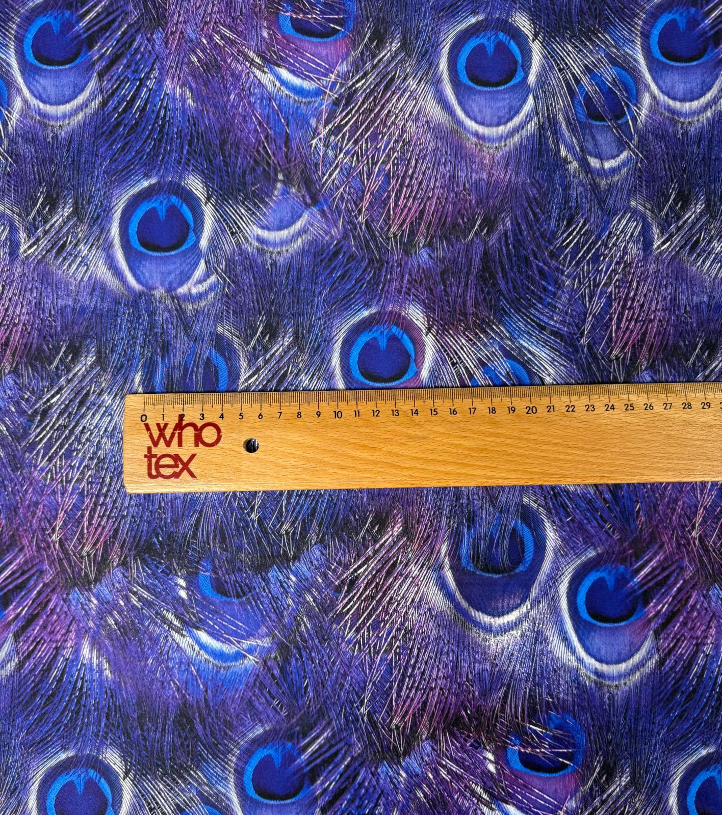 Peacock Feather Print Fabric in Blue & Purple | Fabric by Metre - Whotex Fabrics London
