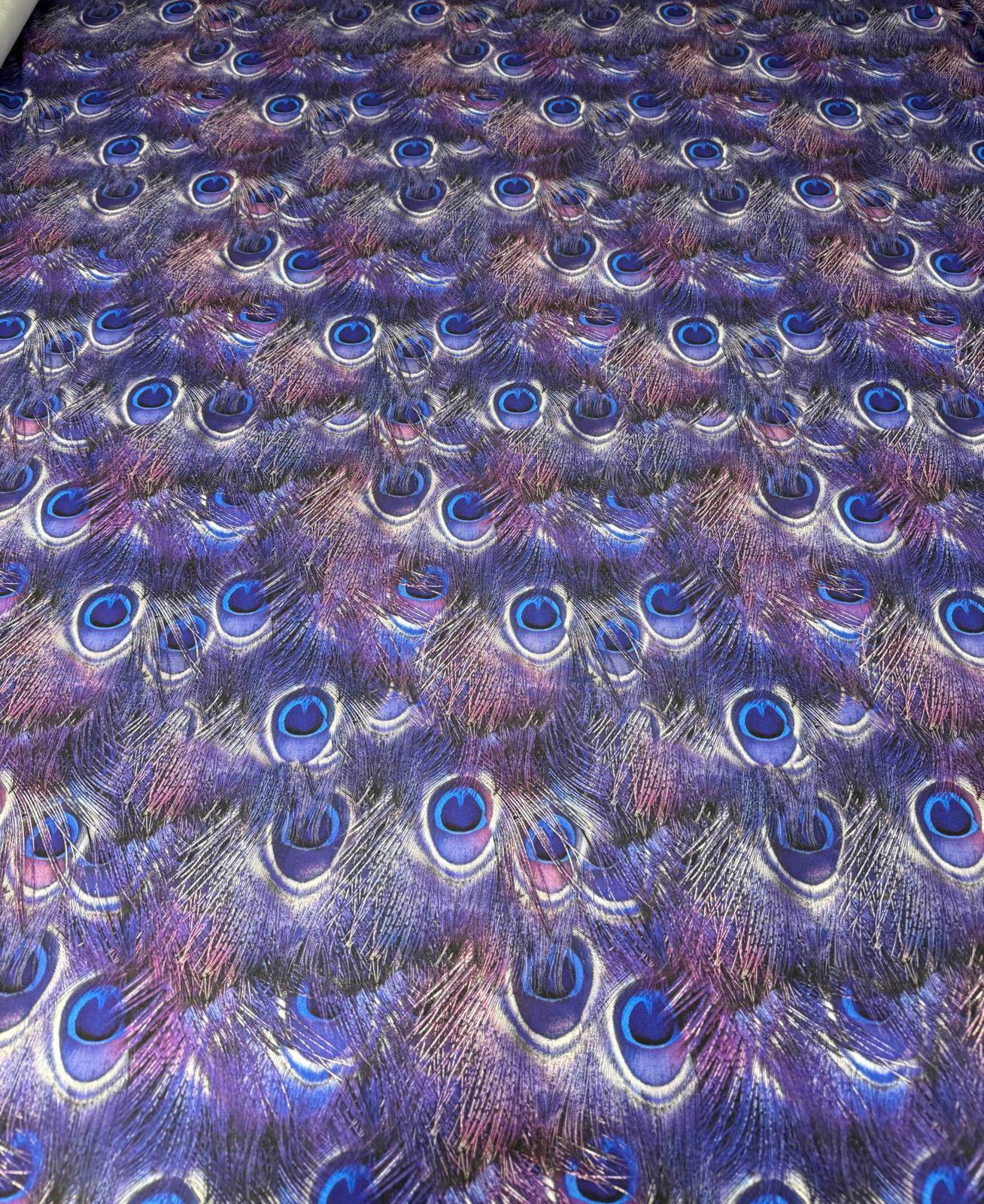 Peacock Feather Print Fabric in Blue & Purple | Fabric by Metre - Whotex Fabrics London