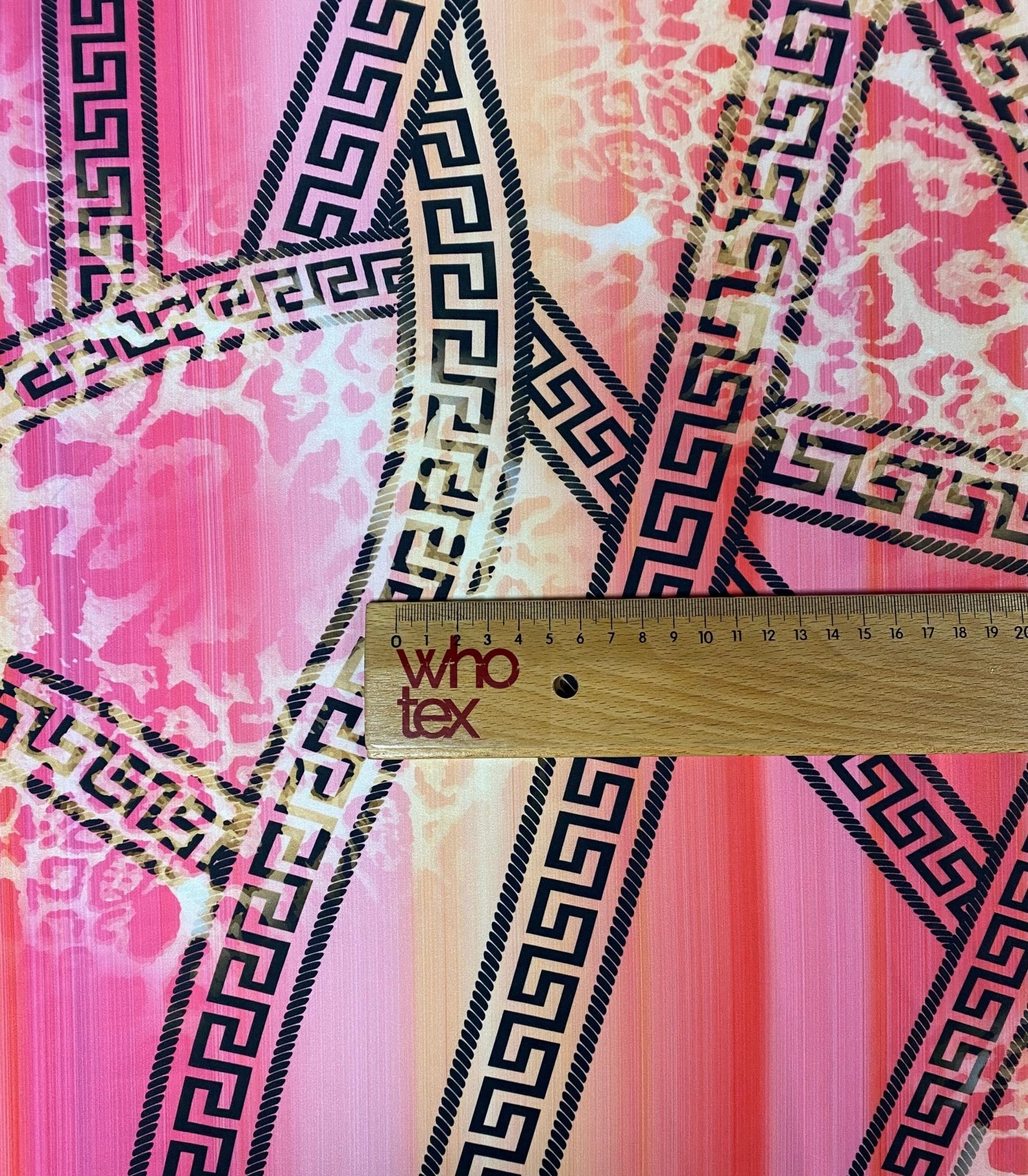 Pink Abstract Greek Key Fabric – Leopard & Stripe Design by the Metre - Whotex Fabrics London