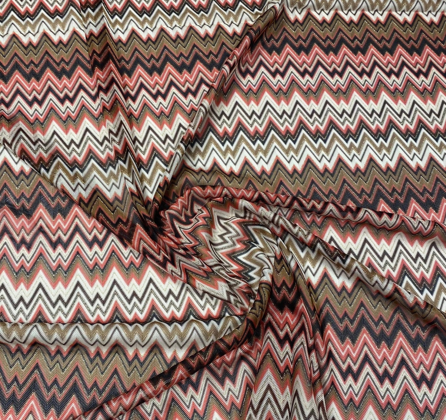 Pink Black Chevron Mesh Knit Fabric with Metallic Accents by the Metre - Whotex Fabrics London