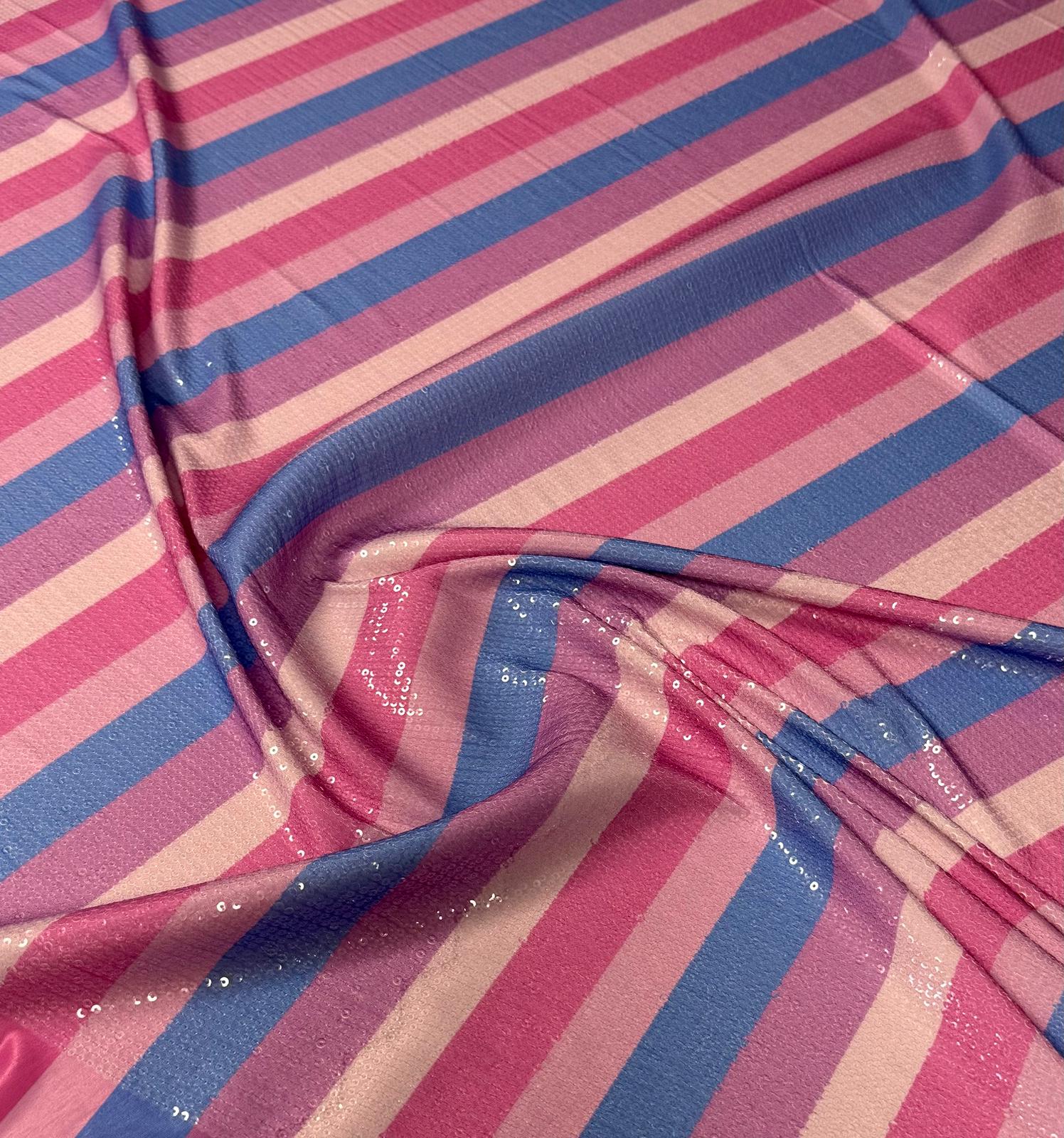 Pink & Blue Striped Sequin Fabric by the Metre - Whotex Fabrics London
