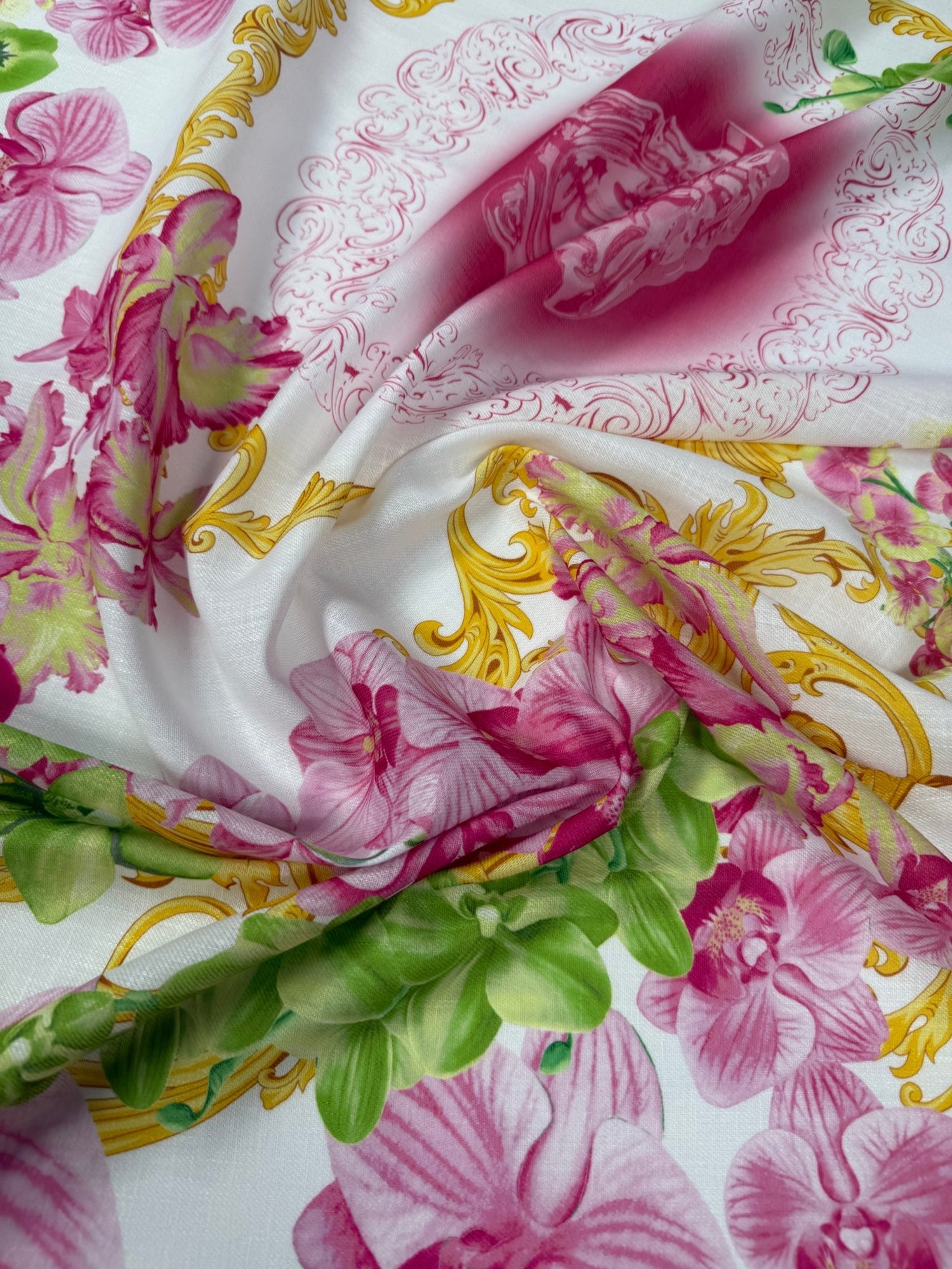 Pink Floral Baroque Linen Fabric by the Metre - Whotex Fabrics London