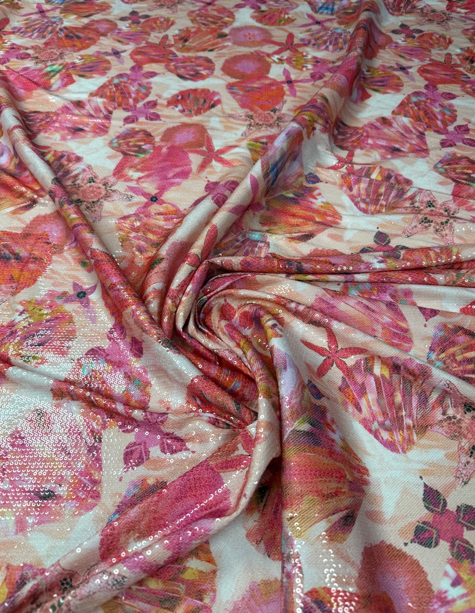 Pink Floral Sequin Fabric for Summer Dresses - Whotex Fabrics London