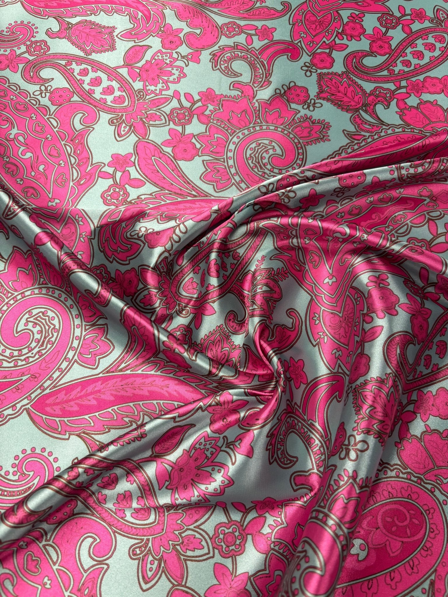 Pink Paisley Lycra Satin Fabric by the Metre - Whotex Fabrics London