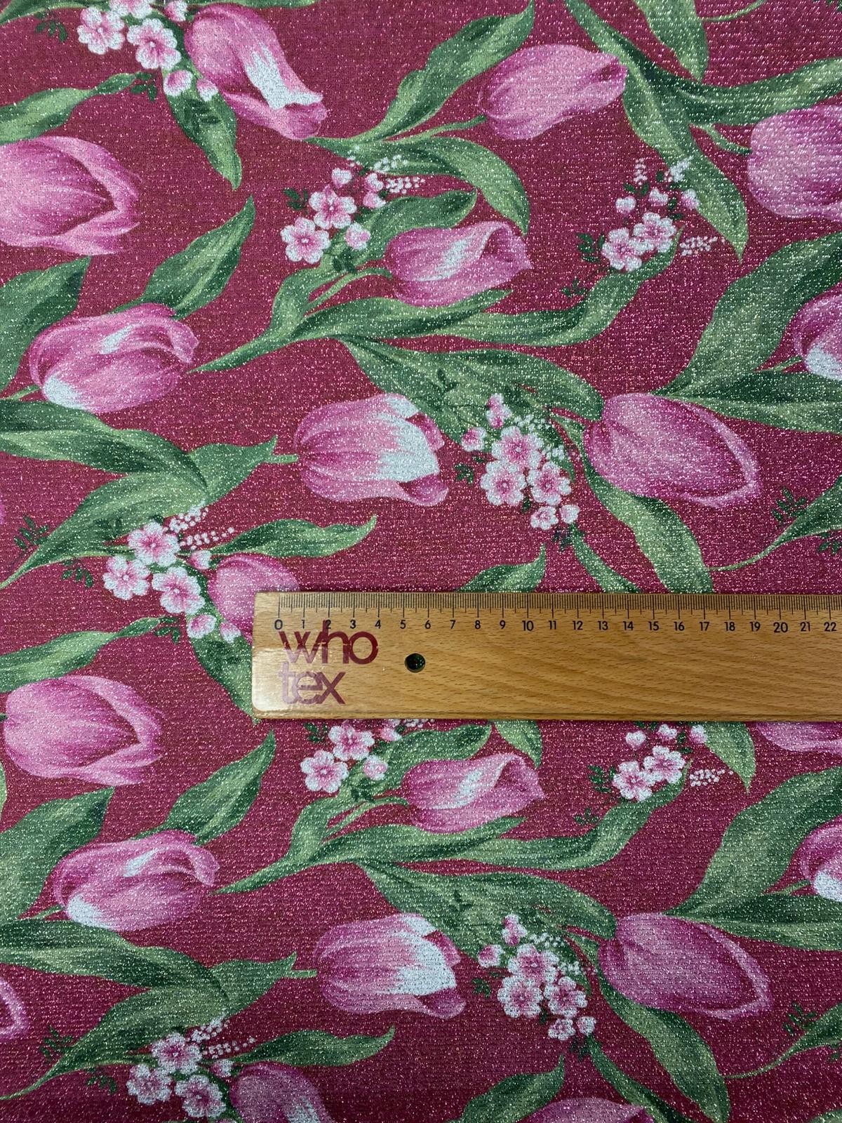 Pink Tulip Floral Lurex Fabric by the Metre - Whotex Fabrics London