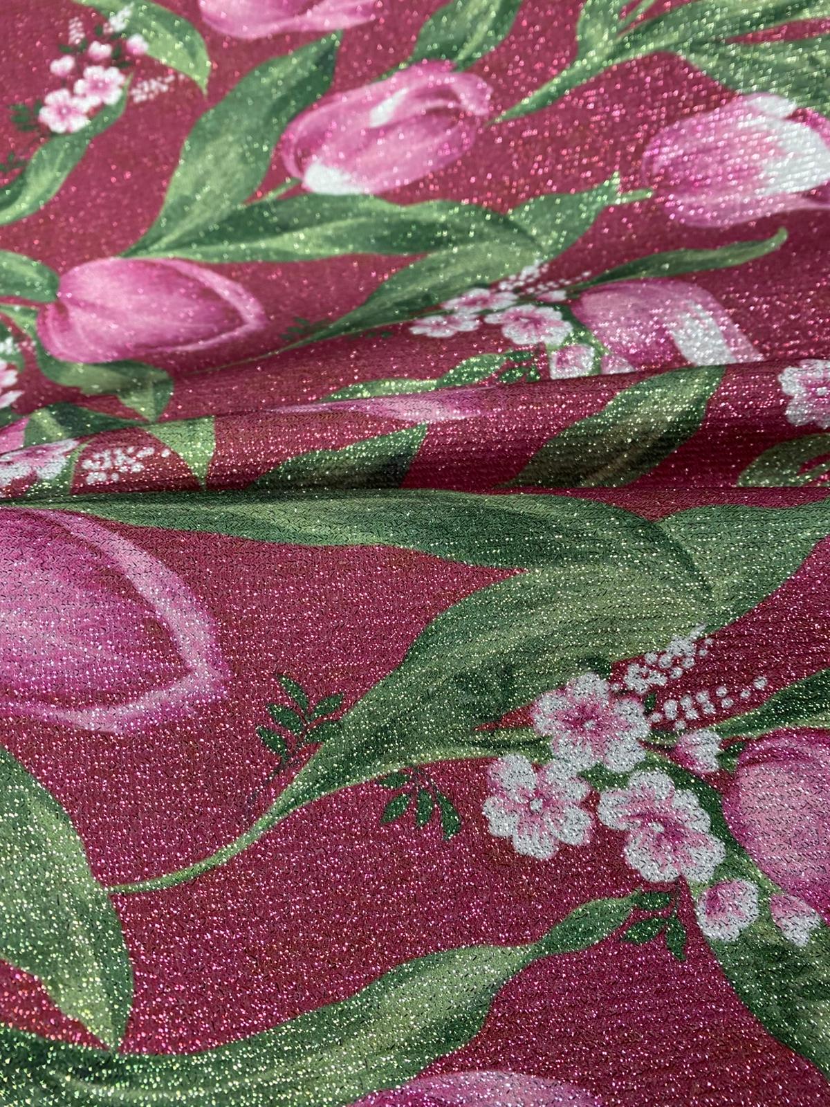 Pink Tulip Floral Lurex Fabric by the Metre - Whotex Fabrics London