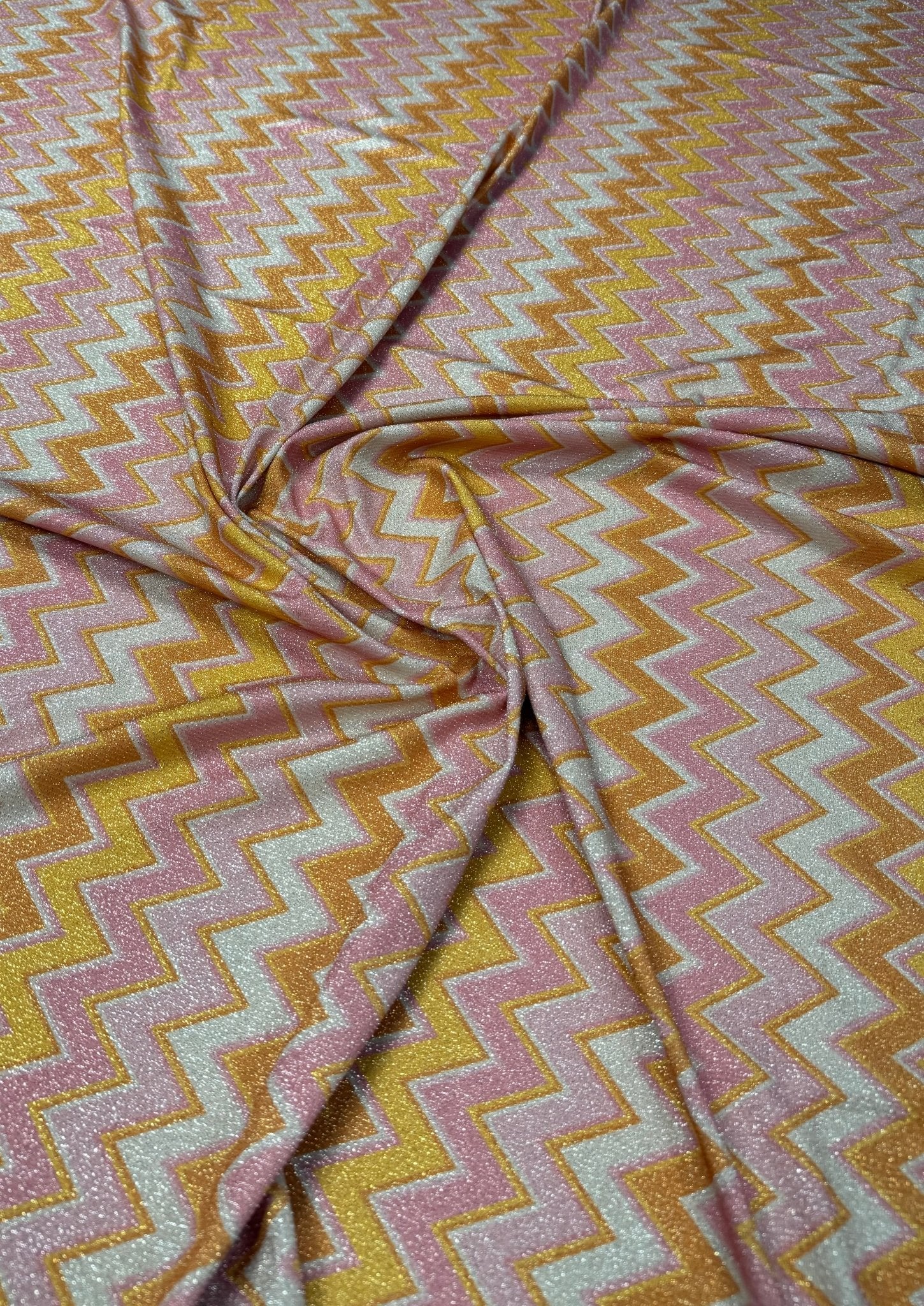Pink Yellow Zigzag Lurex Fabric with Shine by the Metre - Whotex Fabrics London
