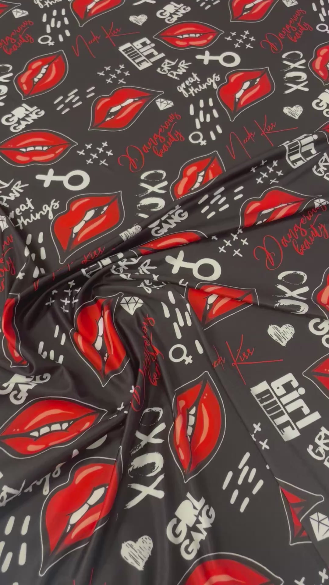 Red Lips Print Spandex Fabric by the Metre – Black Base