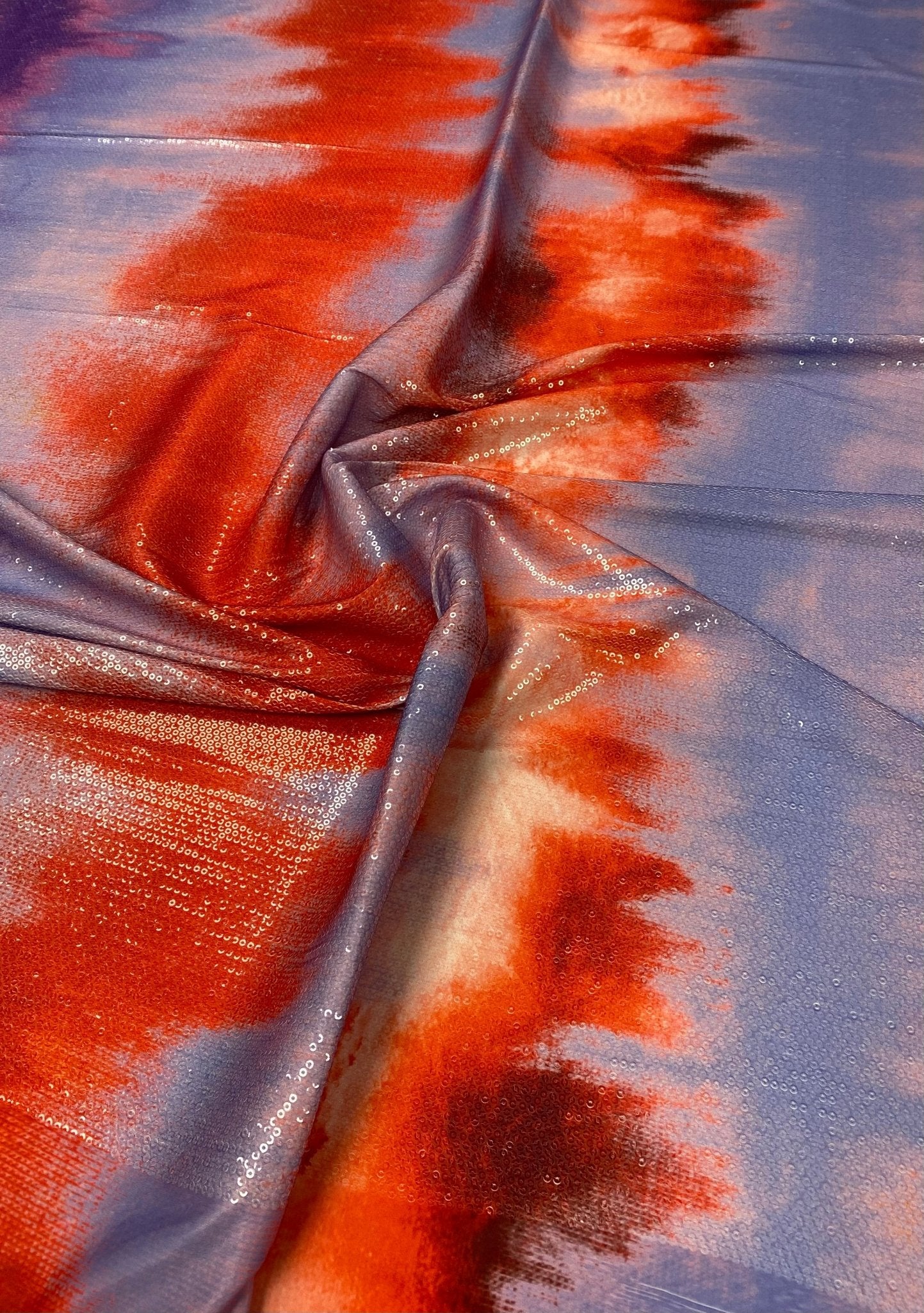 Purple and Red Tie Dye Print Sequin Fabric by the Metre - Whotex Fabrics London