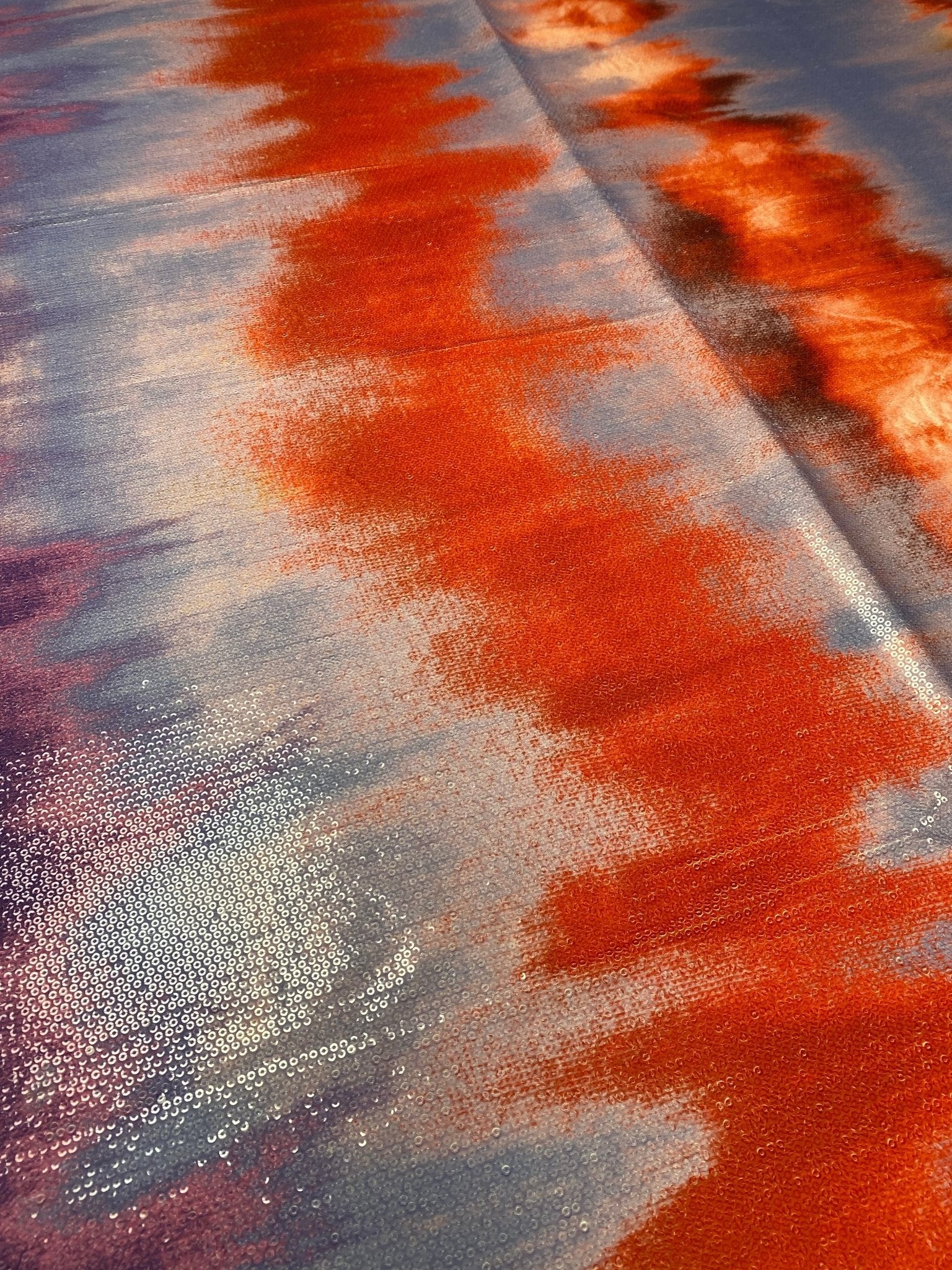Purple and Red Tie Dye Print Sequin Fabric by the Metre - Whotex Fabrics London