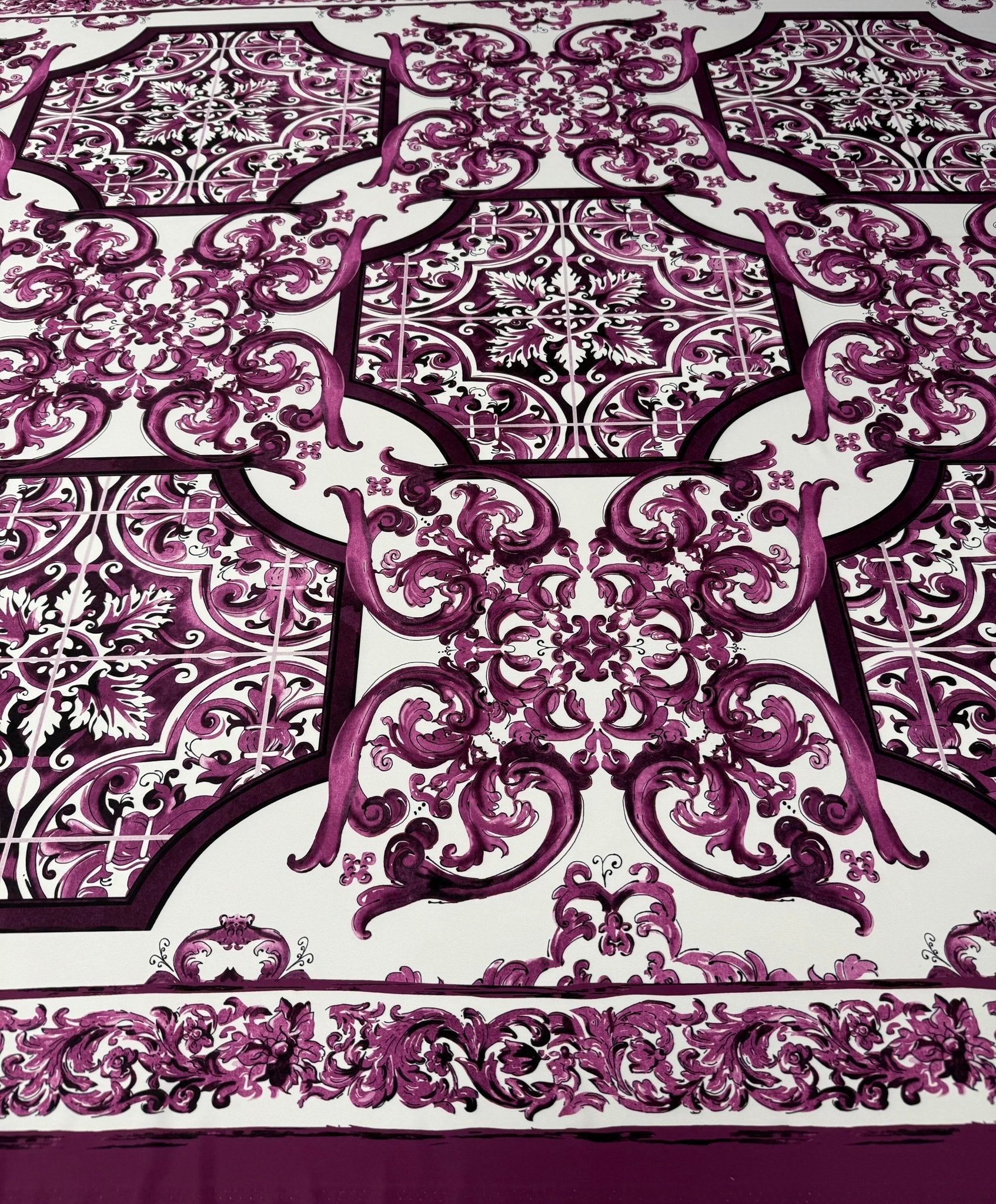 Purple Baroque Print Crepe Fabric by the Metre - Whotex Fabrics London