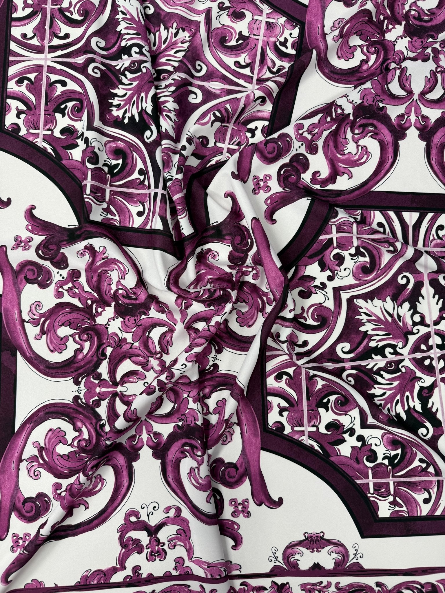 Purple Baroque Print Crepe Fabric by the Metre - Whotex Fabrics London