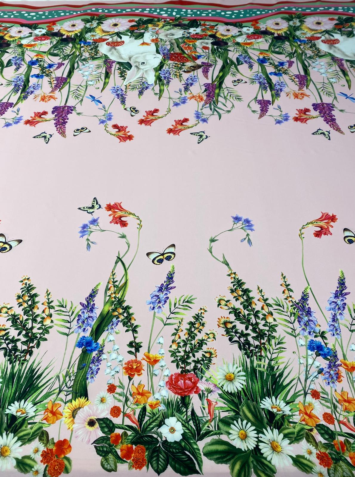 Rabbit Print Fabric with Flowers Pattern in Pink Design - Whotex Fabrics London