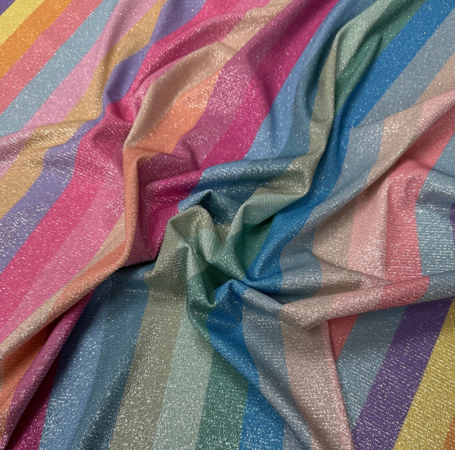 Rainbow Stripe Lurex Fabric with Metallic Shimmer - Whotex Fabrics London