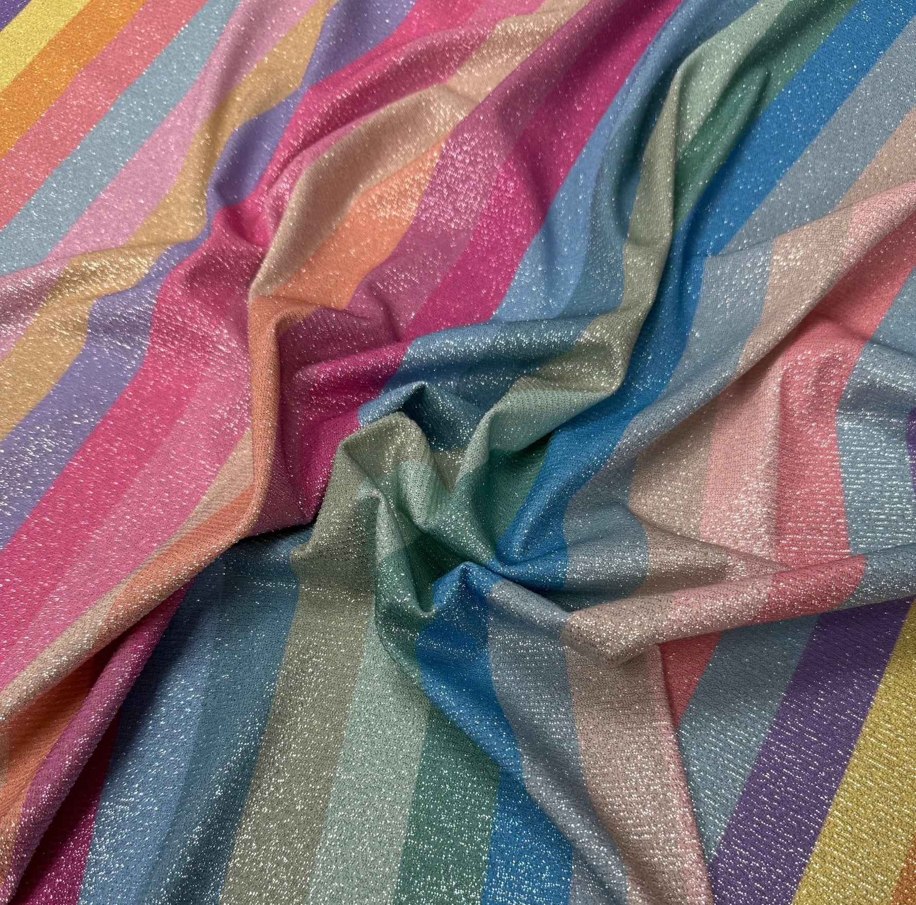 Rainbow Stripe Lurex Fabric with Metallic Shimmer - Whotex Fabrics London
