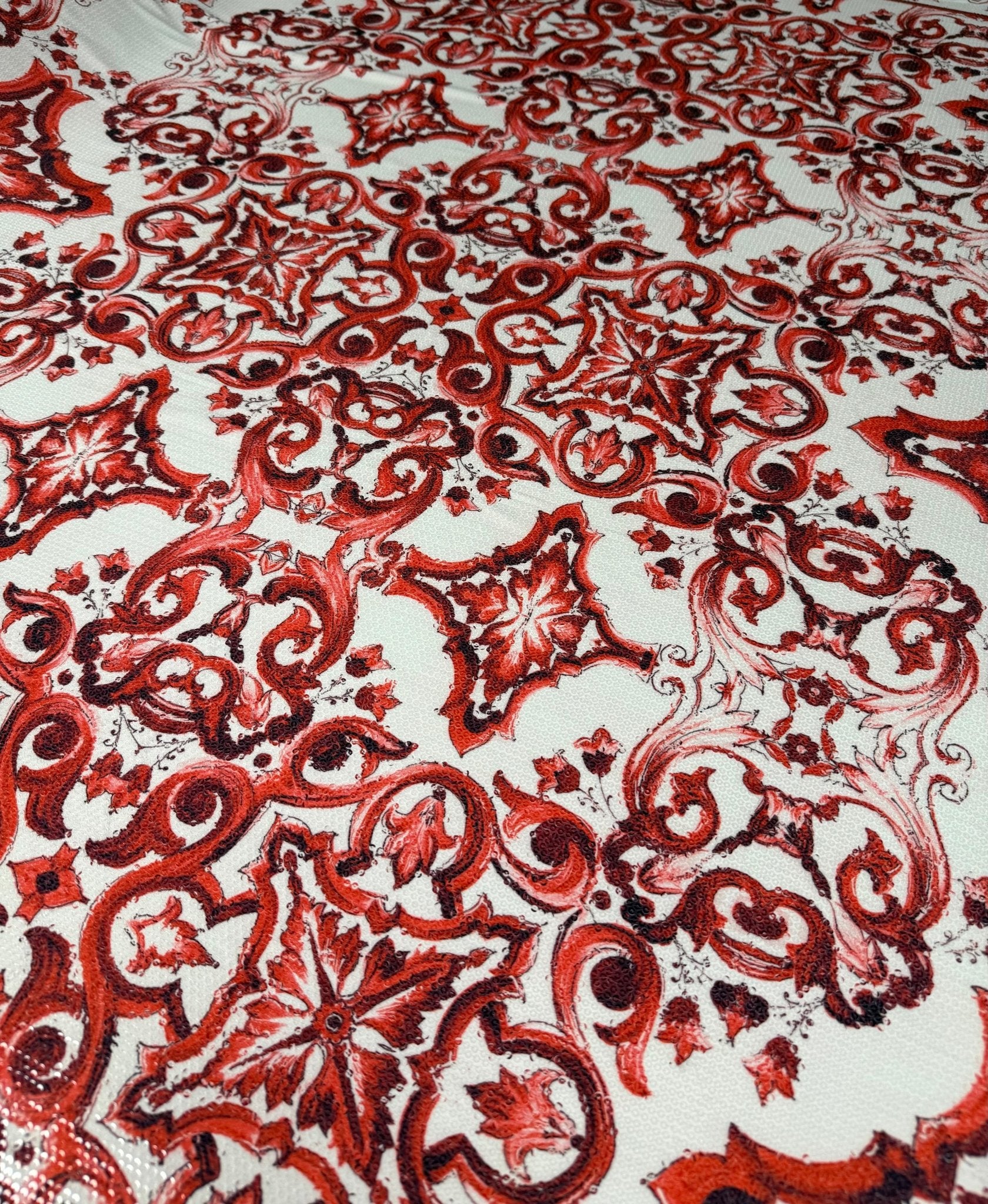 Red Baroque Sequin Fabric for Occasion Wear - Whotex Fabrics London