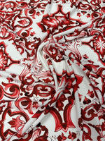 Red Baroque Tile Print Crepe Fabric by the Metre - Whotex Fabrics London